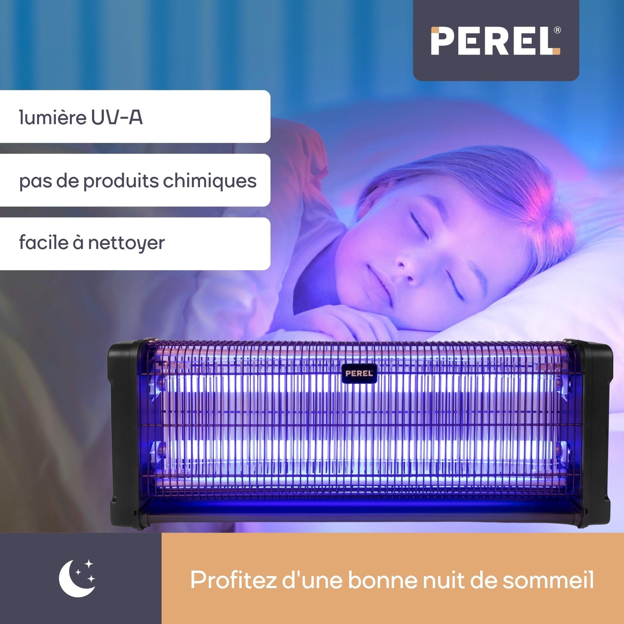 Perel Tueur d' Insectes UV électrique intérieur, Grille 2800V, Appareil Silencieux avec bac métallique Amovible, Couverture 150 m², Solution sans Produits Chimiques