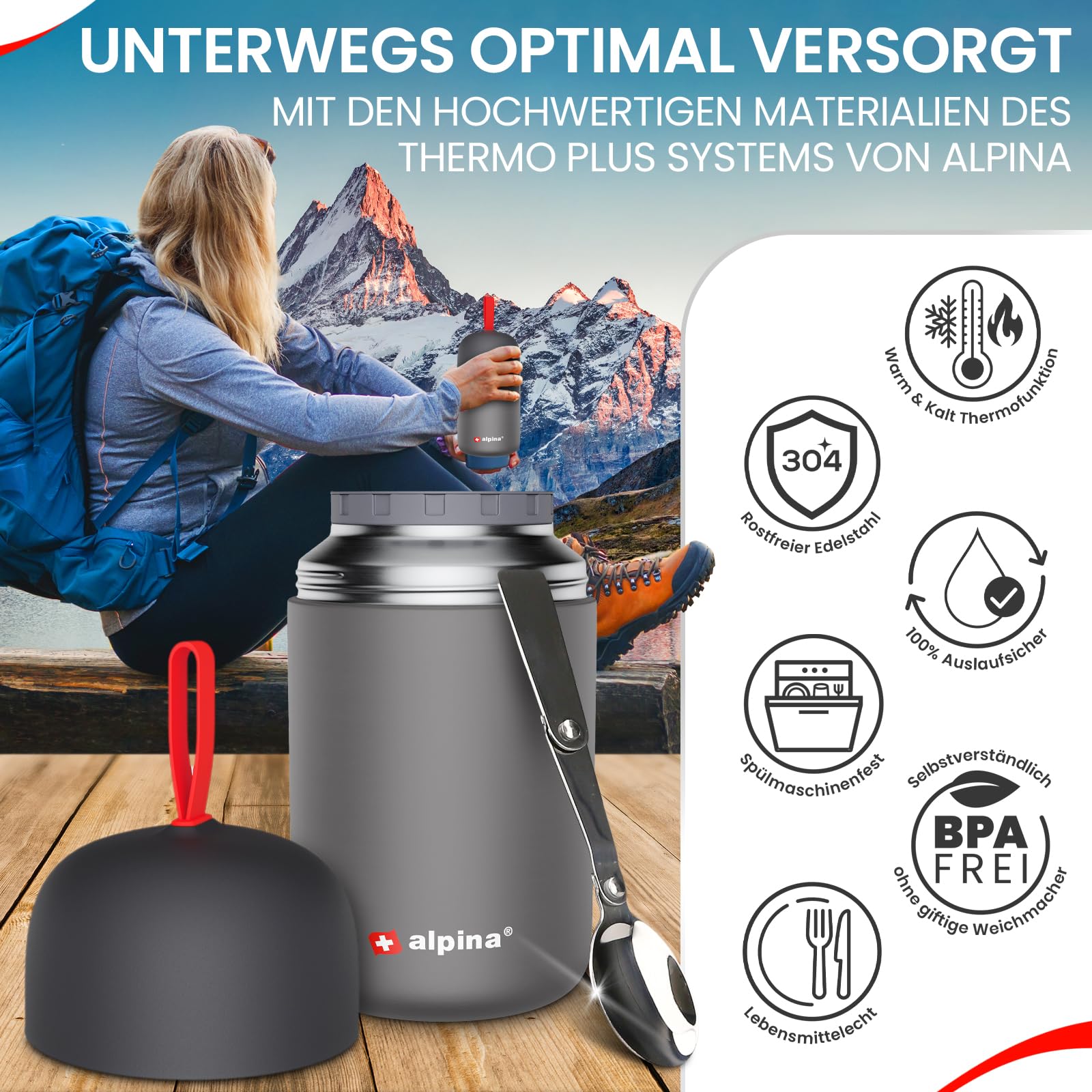 alpina contenitori ermetici per alimenti – tazza termica 730 ml lavabile in lavastoviglie con compensazione pressione - Cibi caldi e freddi a lungo I Borraccia termica in acciaio inox senza BPA