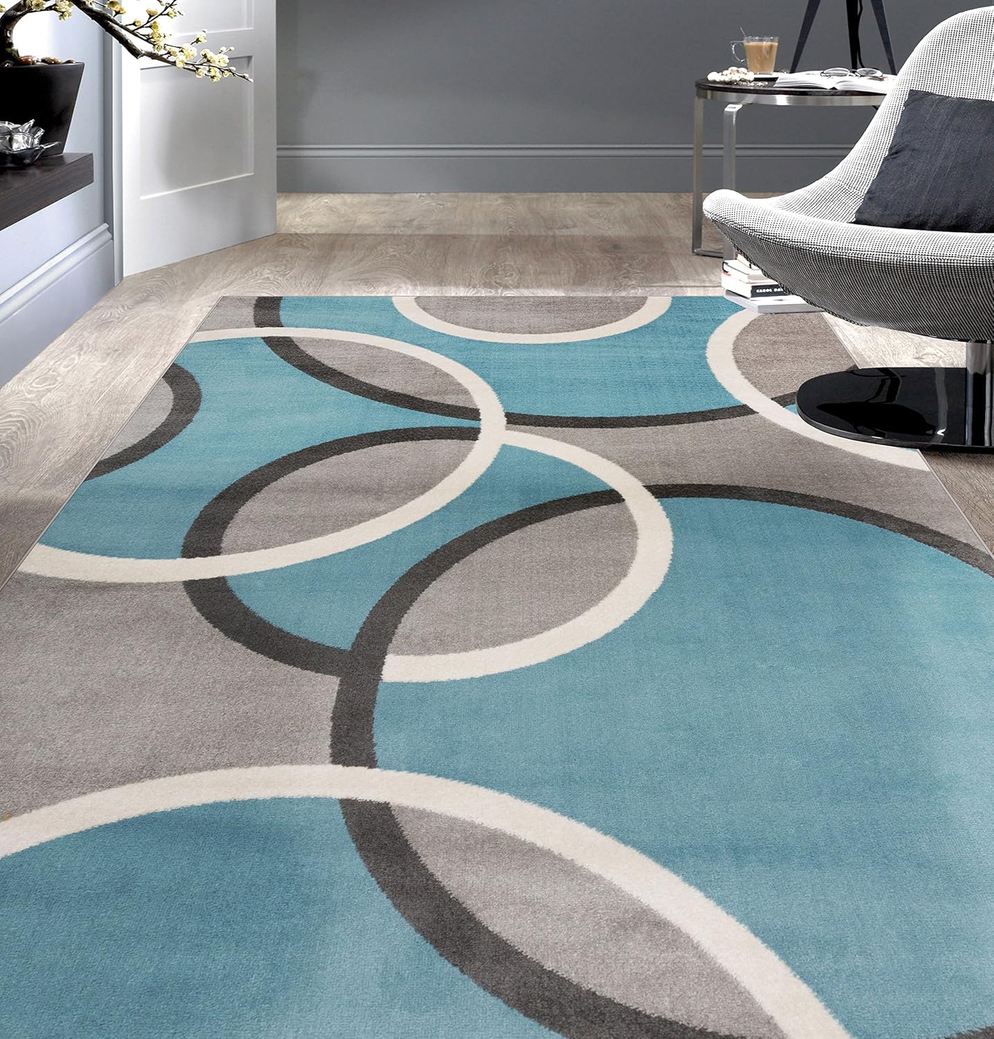 Tapis grande salon 200x300cm bleu géométrique moderne lavable