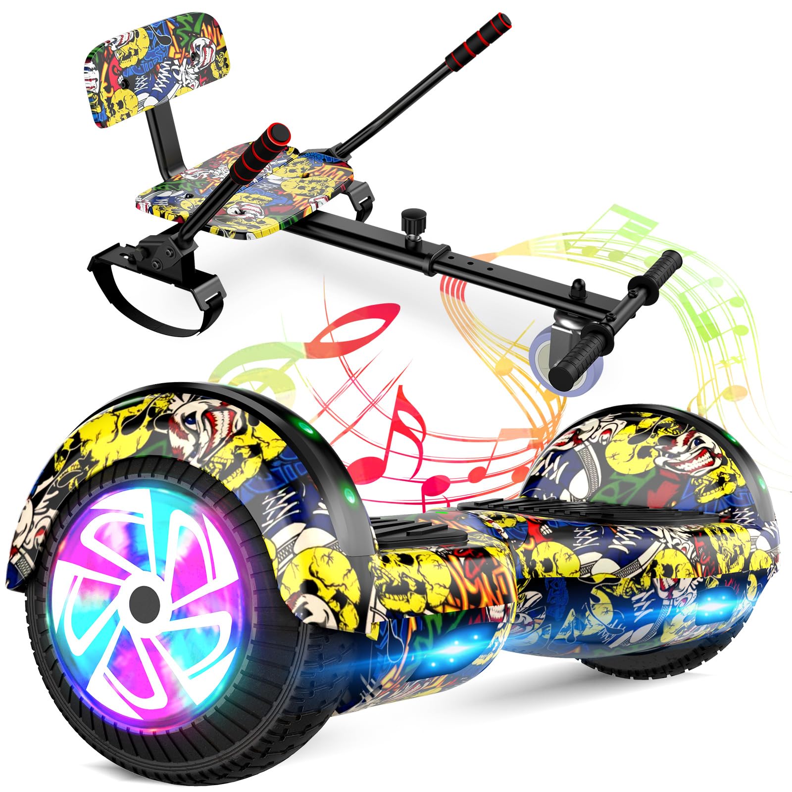 Hoverboard con fijación al asiento, combo de 6,5 pulgadas, autobalanceo, con altavoz Bluetooth y luces LED para niños, niñas y niños (incluyendo kart)