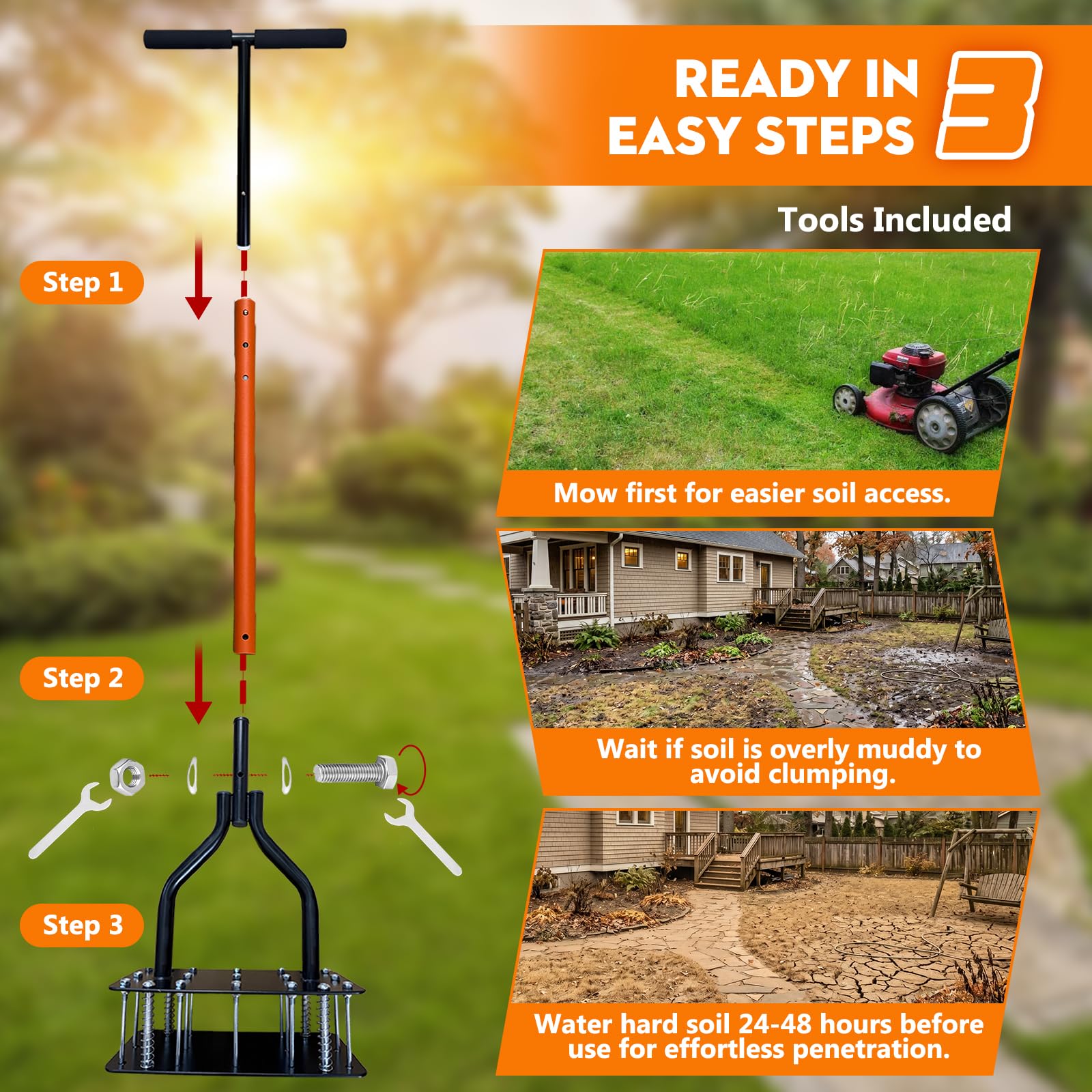 Herramienta aireadora de césped con 15 puntas afiladas, aireador manual de césped para patio con expulsión automática de suelo y resorte de doble capa, aireador de jardín de metal resistente