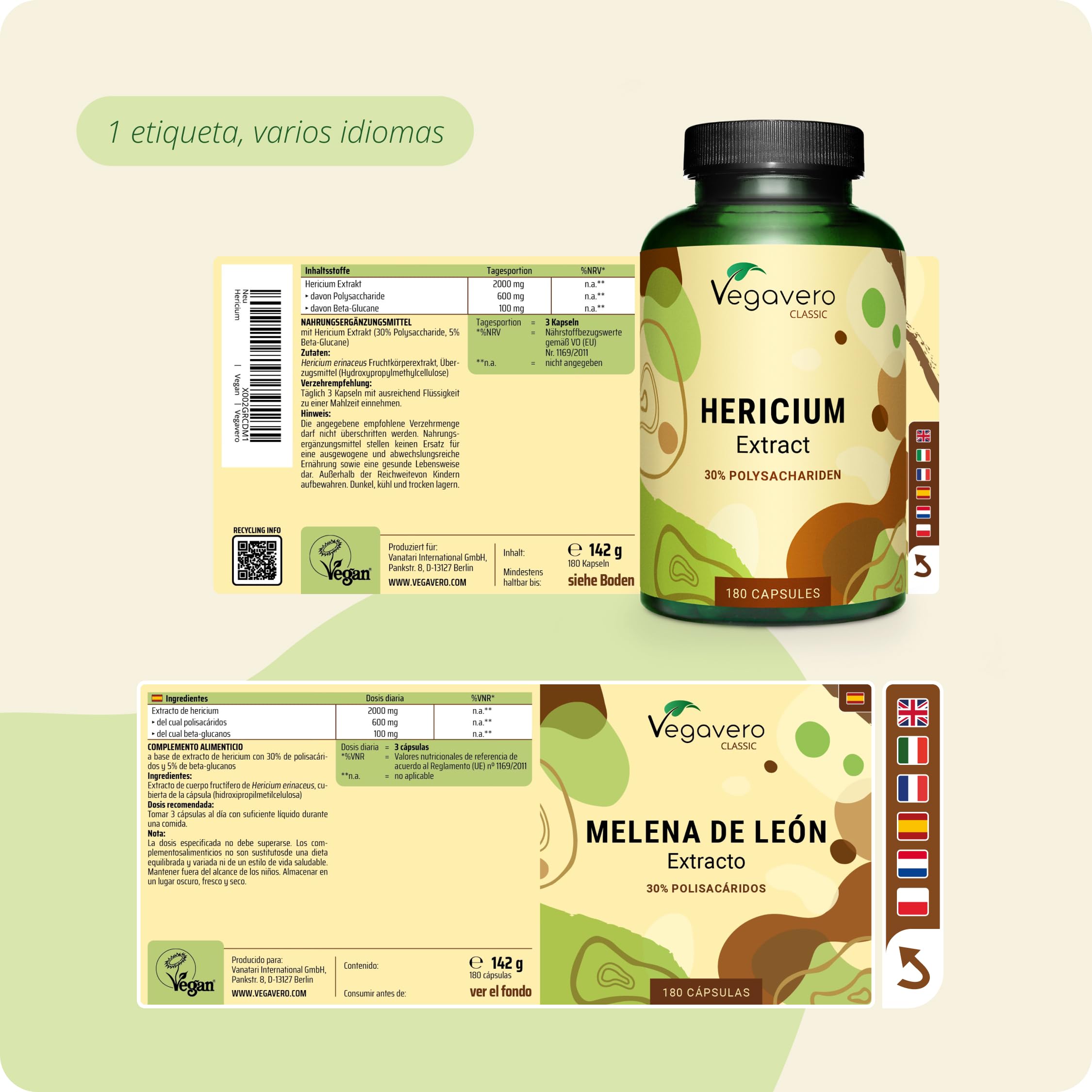 Vegavero Hericium Melena de León | 2000 mg de Extracto 5:1 | 180 Cápsulas