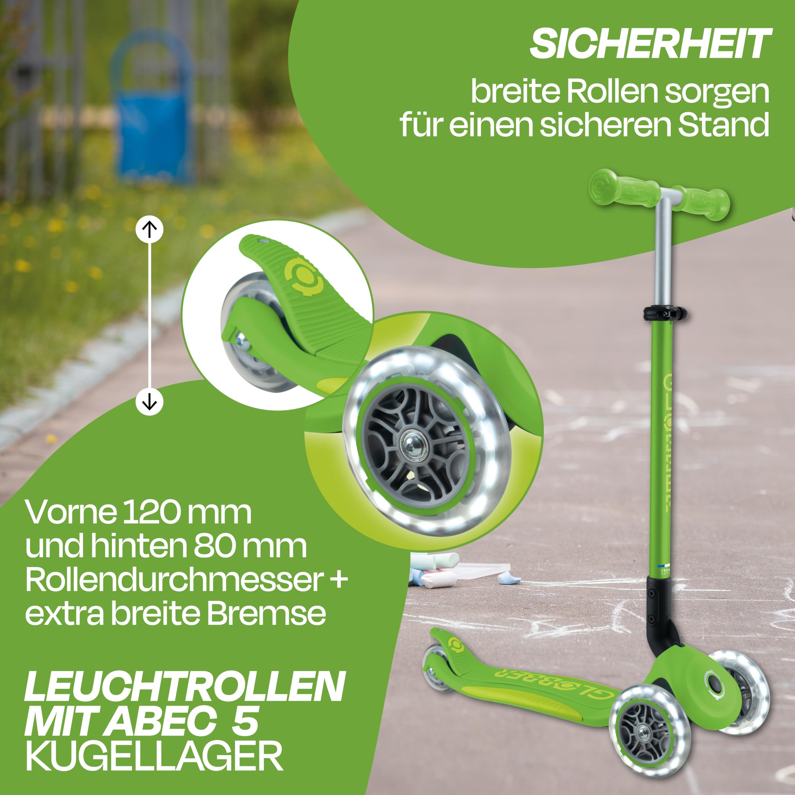 GLOBBER Primo Foldable Plus Lights Roller – Tretroller Kinder ab 3 Jahre - Scooter 120/80 mm - ABEC 5, 3-rädrig mit LED Rollen – höhenverstellbar