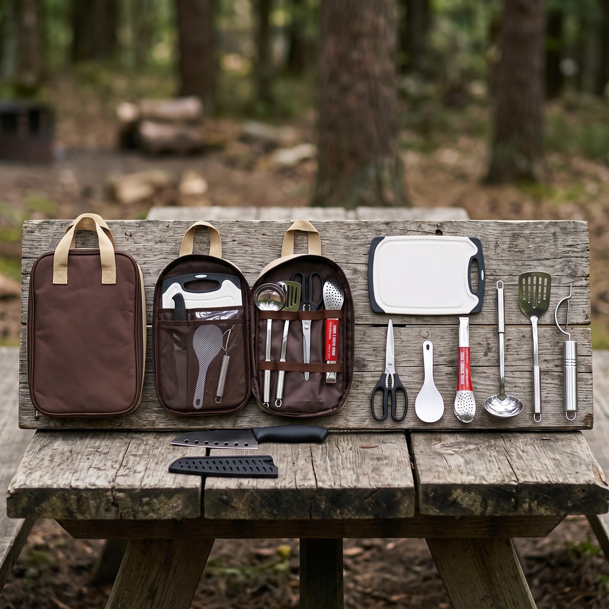 Juego Unsilios Cocina Camping Acero Inoxidable para Acampada y Actividas al Libre, Caqui