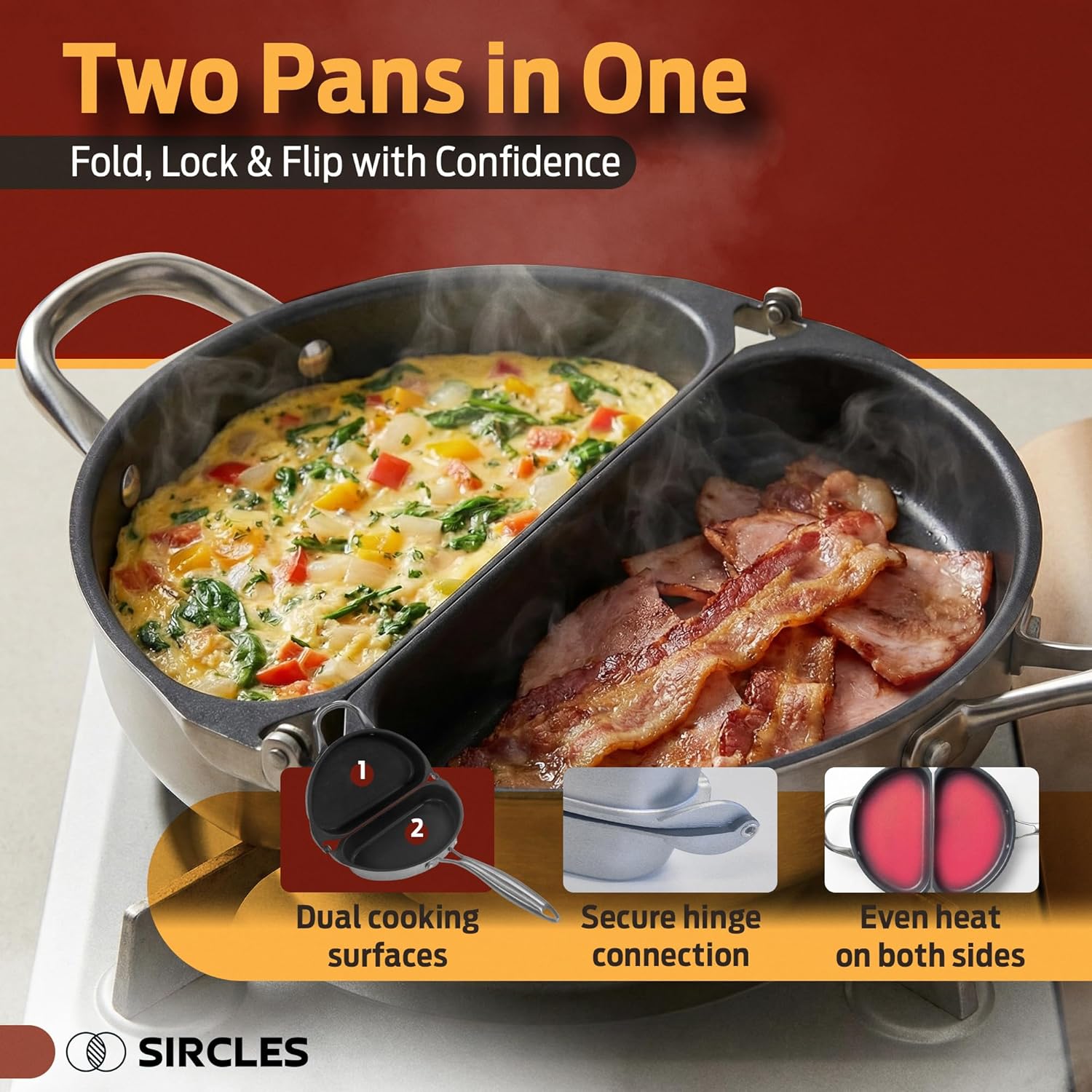 SIRCLES Omelette Pan Double Sided Non Stick Omelette Maker, 3004 Aluminum, Induction Compatible, Dishwasher Safe, PFOA Free, Flip Lock Egg Pan with Spatula & Recipe eBook, Omelette Makers