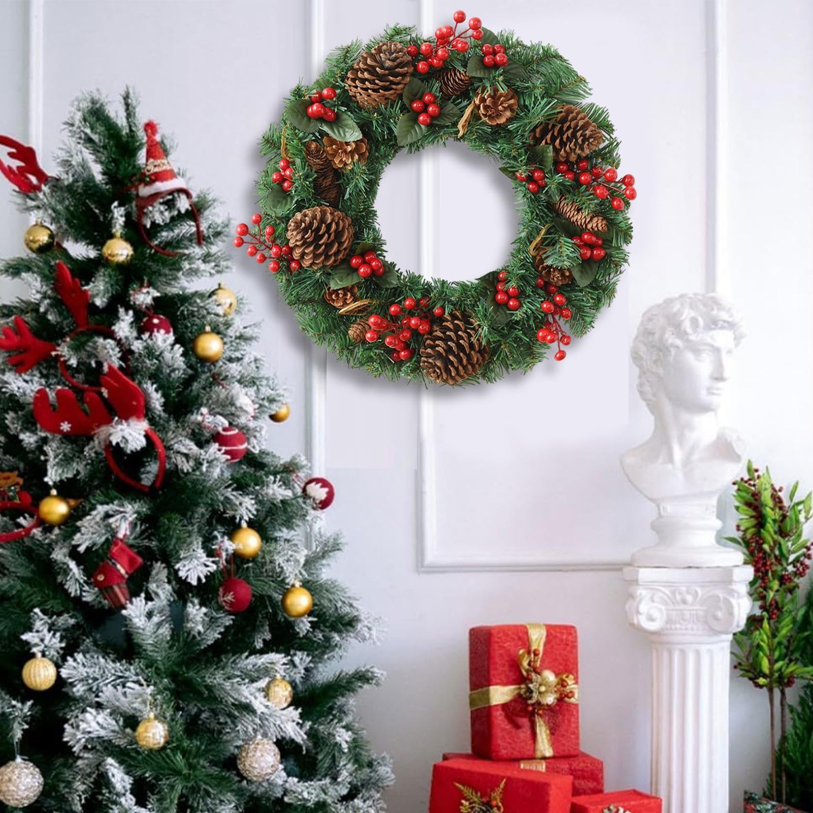 navideños artificiales | festivo con bayas rojas y piñas | para puerta de casa, exterior, interior, casa, tallo, ventana de invierno