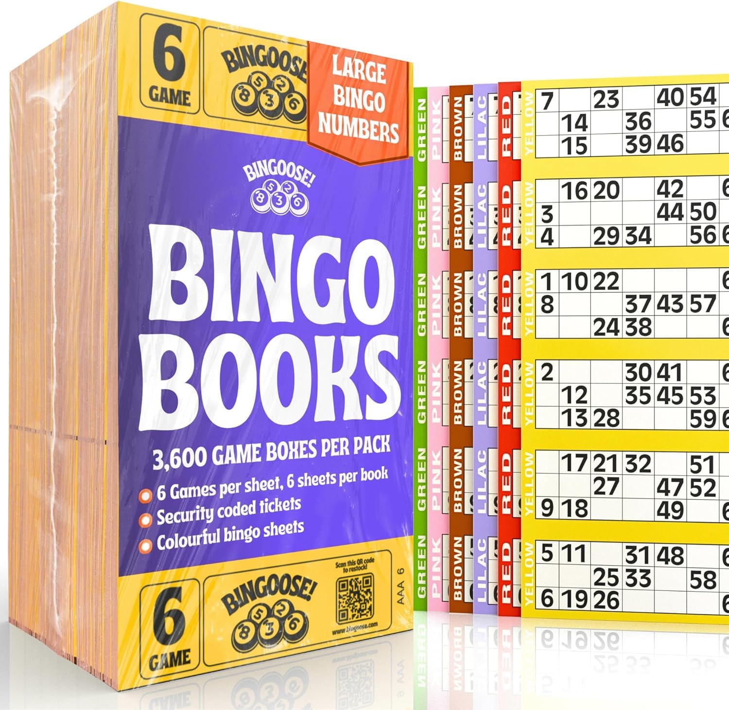 Bingo Books 6 Game Tickets per Sheet & 6 Sheets per Book - 3600 Easy to Read Bingo Cards 1-90 Large Print Numbers - Easy to Tear Perforated Colourful Flyers for Daubers, Pens and Dabbers