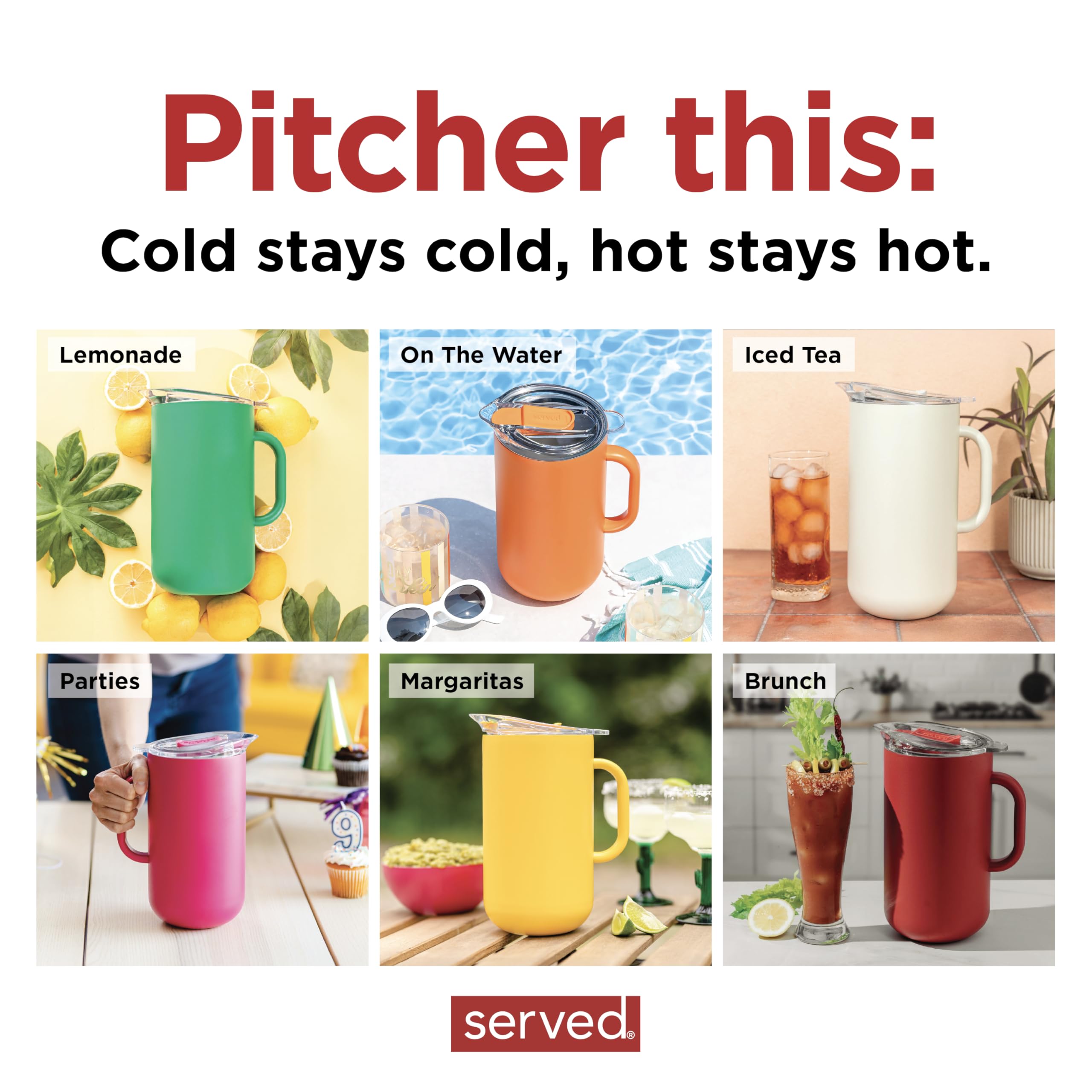 Served Vacuum Insulated Stainless Steel Pitcher with Lid (2L). Keep Drinks Cold for Hours in Insulated Pitcher that is Double-Walled, Copper-Lined, and Vacuum-Sealed with Leak-Proof Lid.