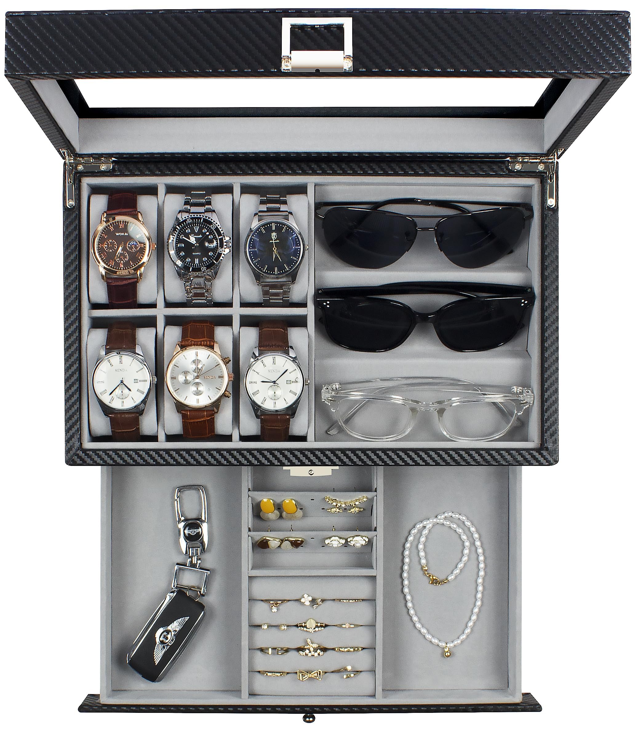 ITNXVKGES Watch Box, 6 slots Watch case, 3 Compartment Eyeglass Organizer, Mens Jewellery Box with Clear Glass Lid, Double Layer with Key Lock, Gift, Black-Grey