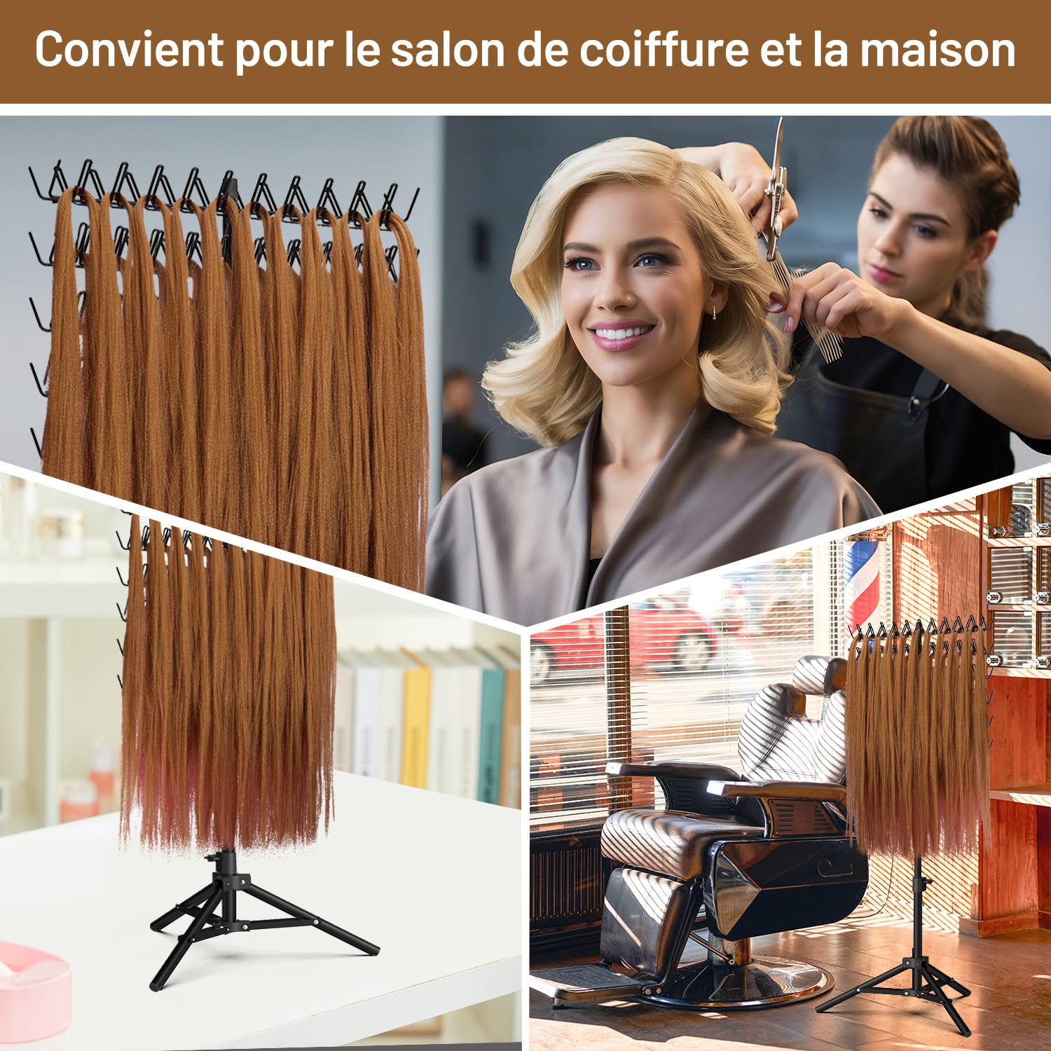 Support de Coiffure pour Tressage, Trépied Réglable en Hauteur, Présentoir à 144 Outils Professionnels, Noir
