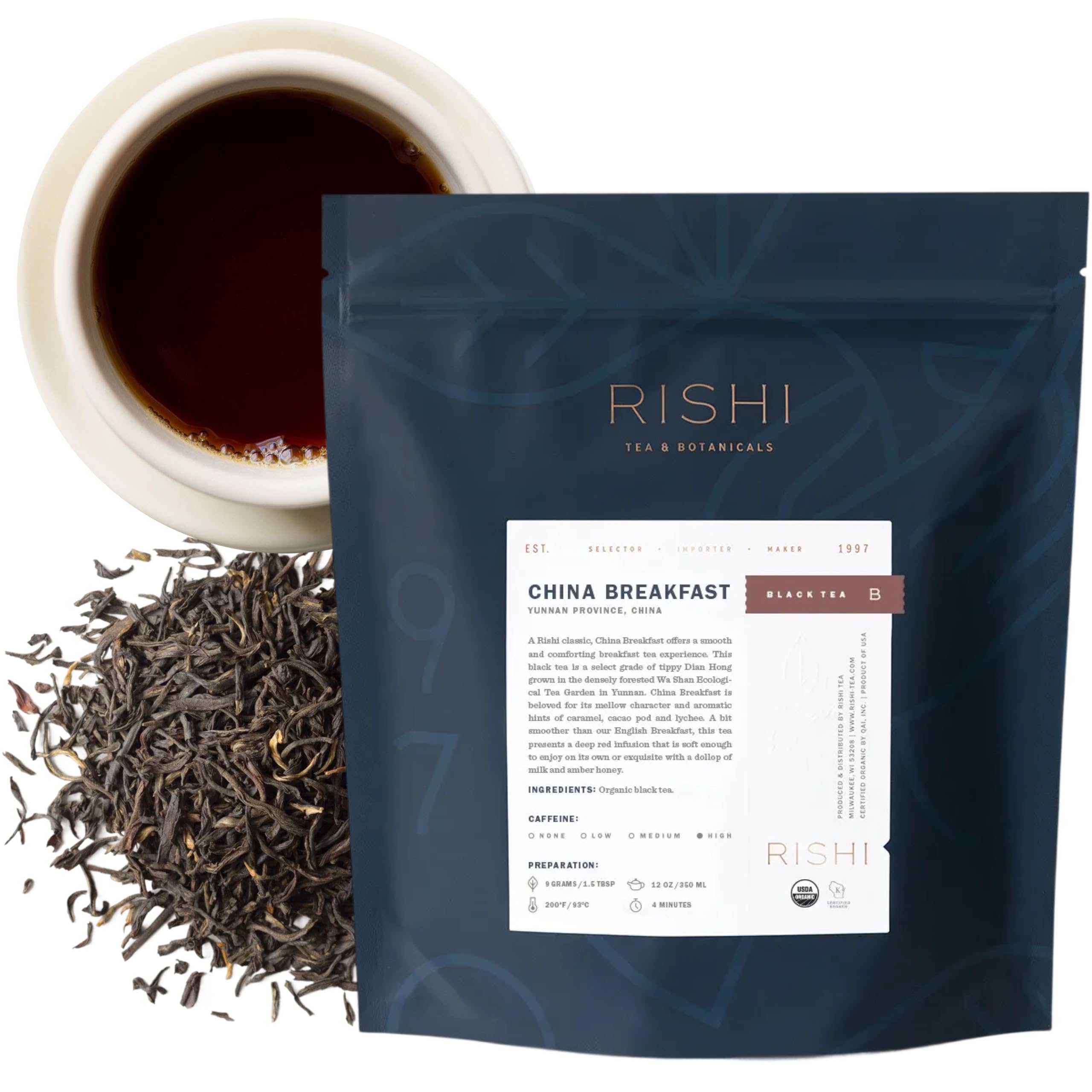 Rishi Tea China Breakfast Black Loose Leaf Tea - Organic, Robust & Caffeinated, Enjoy Hot or Iced - 16 Ounces, 50+ Servings