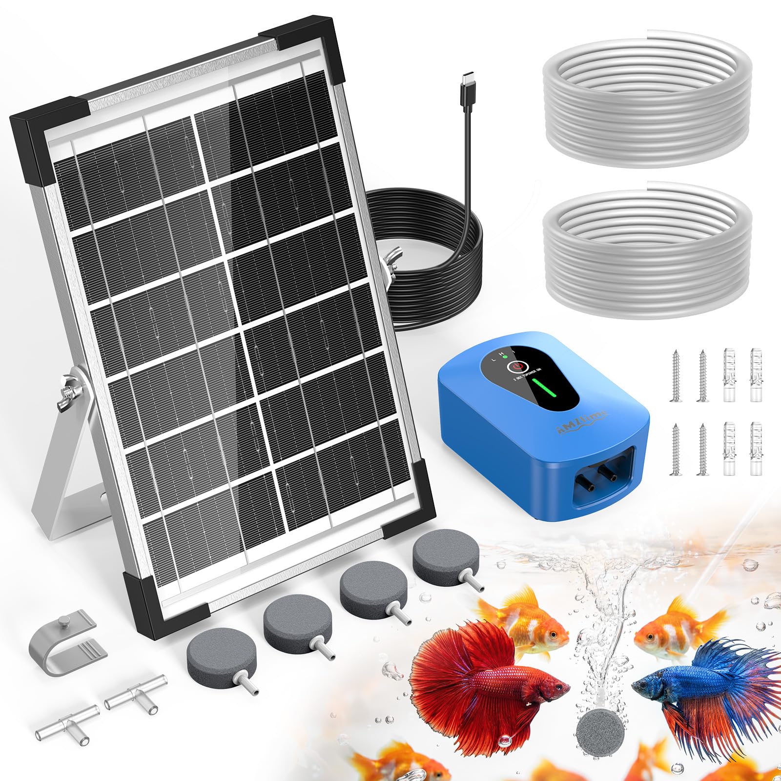 AMZtime 8 W Pompe à oxygène à Double Pompe, Pompe à oxygène Solaire avec Batterie, 3 Modes et 4 Pierres à Bulles, adaptée aux bassins de Jardin, à la pêche et à la Culture hydroponique