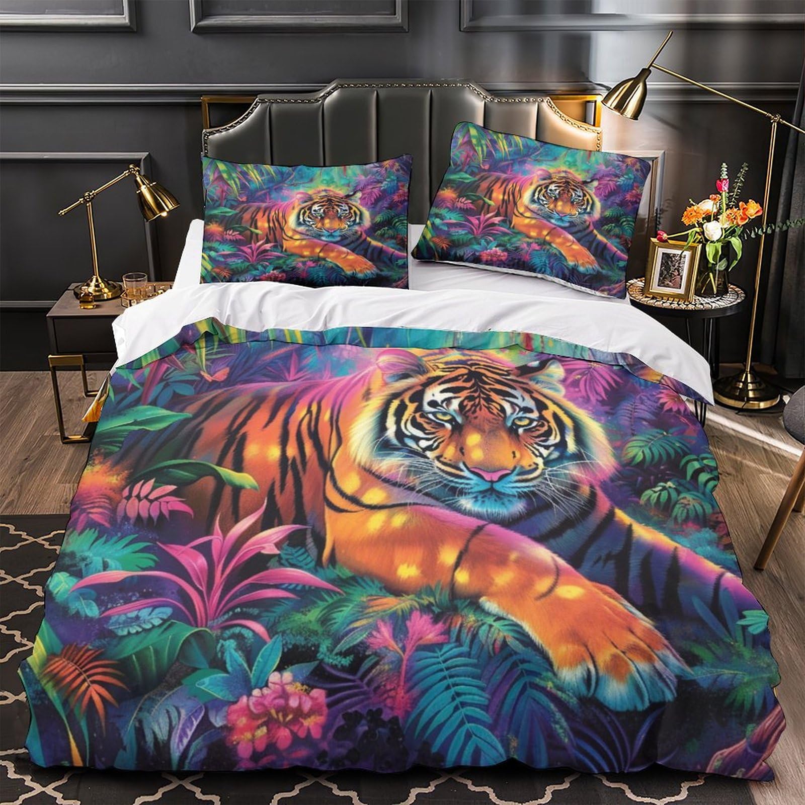 Housse de couette tigre 3D en microfibre 200x200 cm avec 2 taies d'oreiller pour lit double