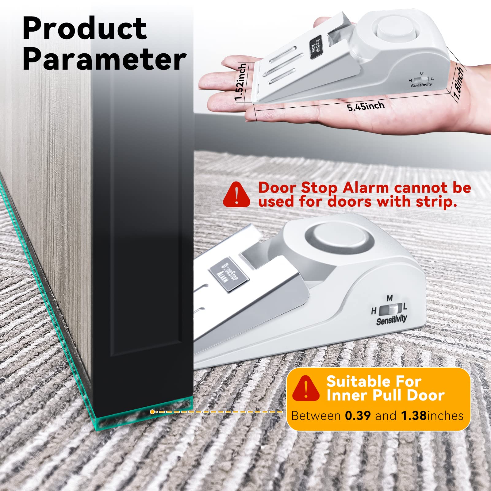 2 Pack Door Stop Alarm With 120dB Siren For Home Apartment House Safety Door Stoppers Alarm For Travelling Hotel Room Security Floor Wedge Door Stopper Alarm