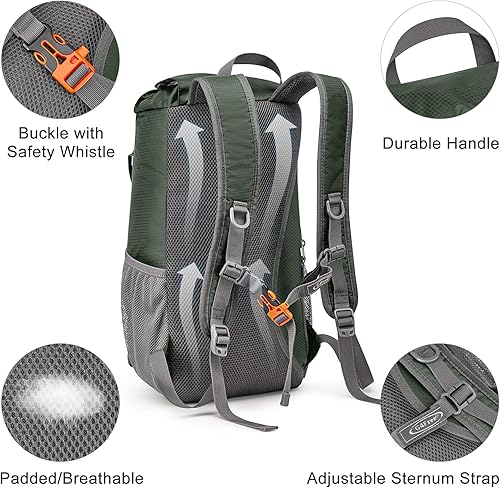 Miniatura 6 de G4Free Mochila de senderismo de 15L Mochila de senderismo pequeña Mochila de hombro Ciclismo al aire libre para hombres mujeres, VerdeNegro,