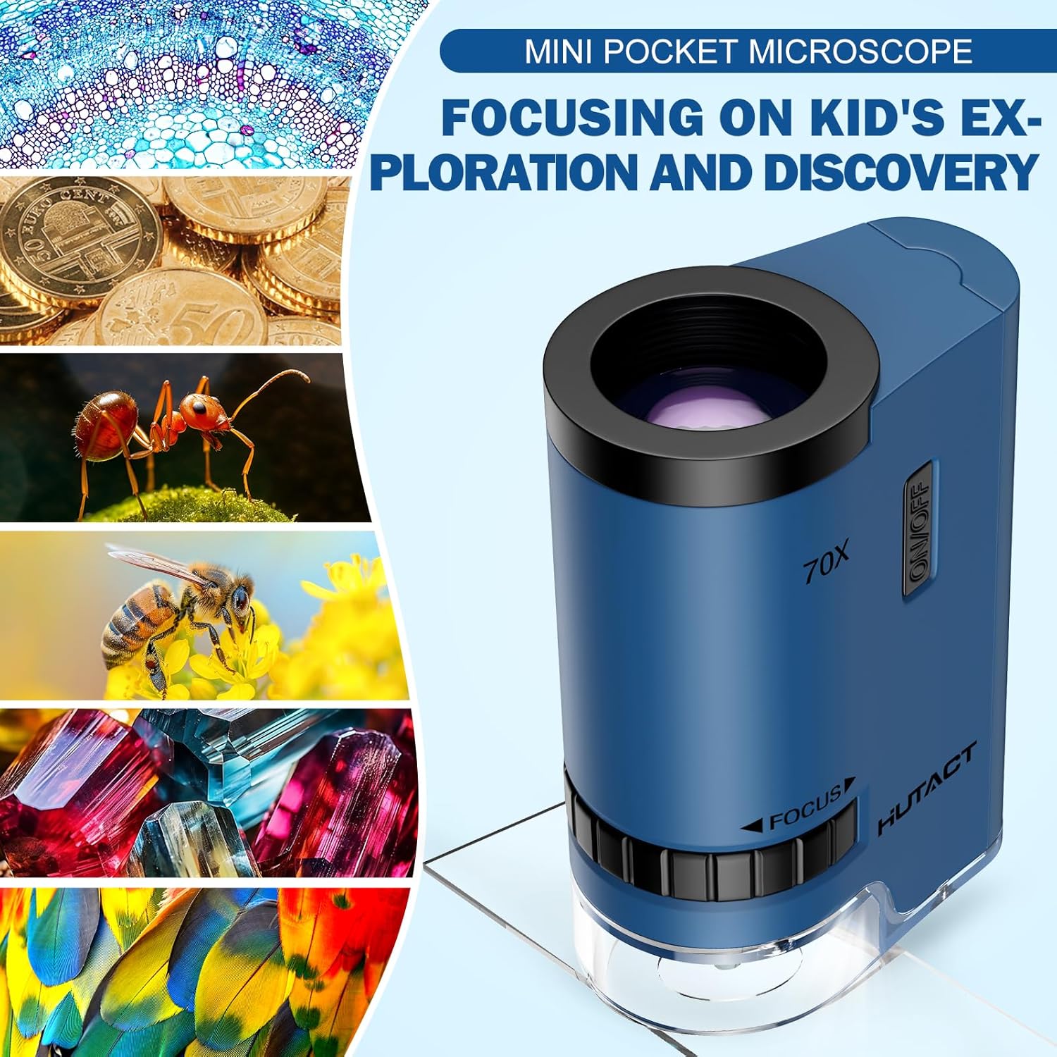 Science Mini Microscope Pocket for Kids: 70x Portable Handheld Miniscope with 5Pcs Slides - Birthday Gift for Nature Learning Outdoor Exploration Minilabster Children Boys Girls 4 5 6 7 8 9 10