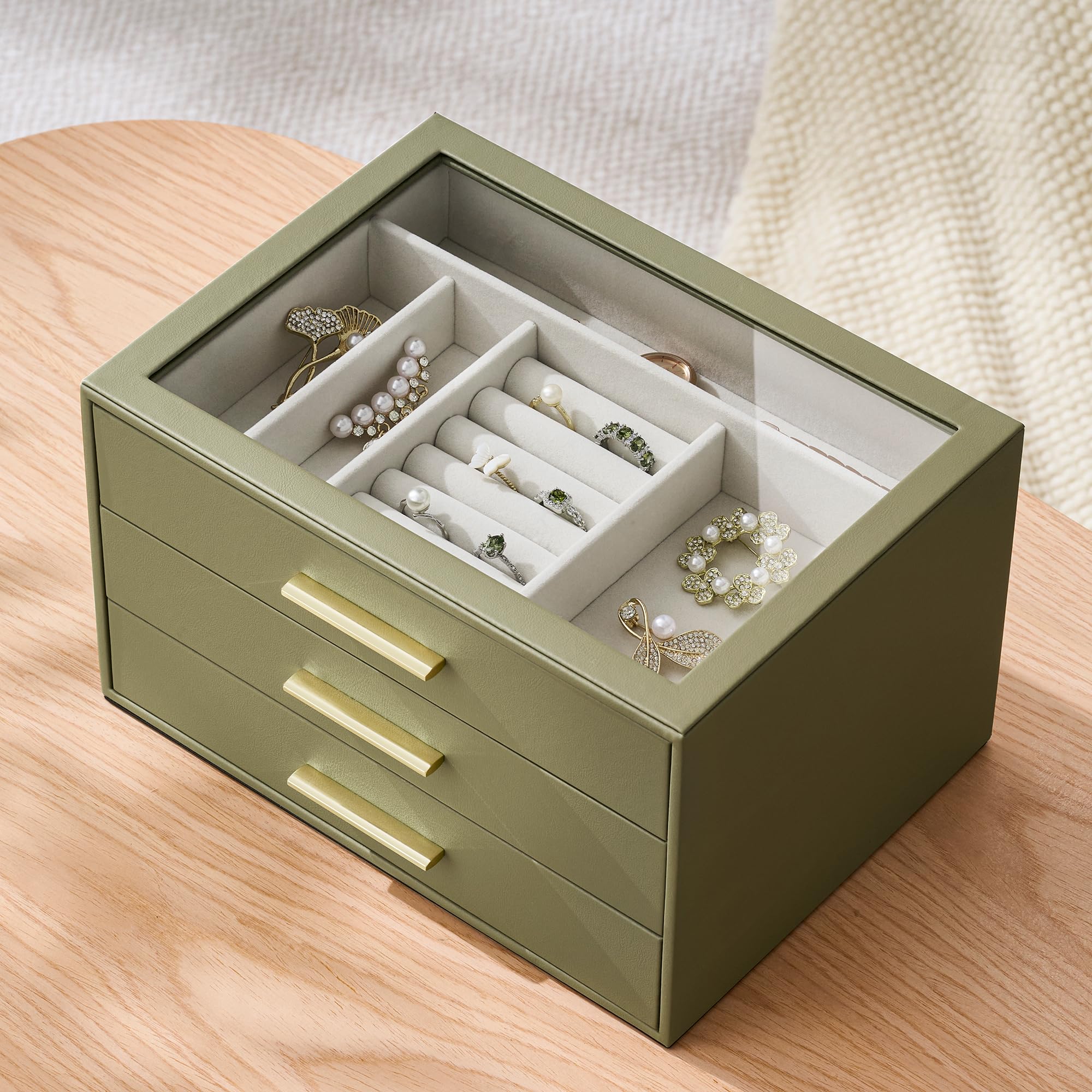 Boîte à bijoux de rangement, 3 couches avec fenêtre en verre, vert