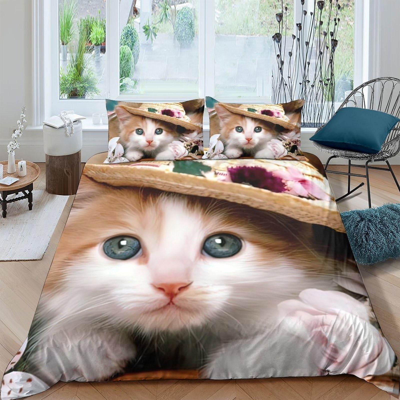 GPLZQXKJNH 3D Printed Cute Cat Duvet Cover Microfiber Soft Breathable Kitten Quilt Cover Set with 2 Pillowcases for Bedroom Decor Single（135x200cm）