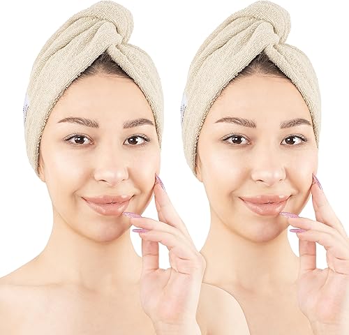 American Soft Linen Toallas de pelo 100 % algodón para mujer, gorro de toalla de pelo, turbante de algodón para cabello largo y rizado Beige