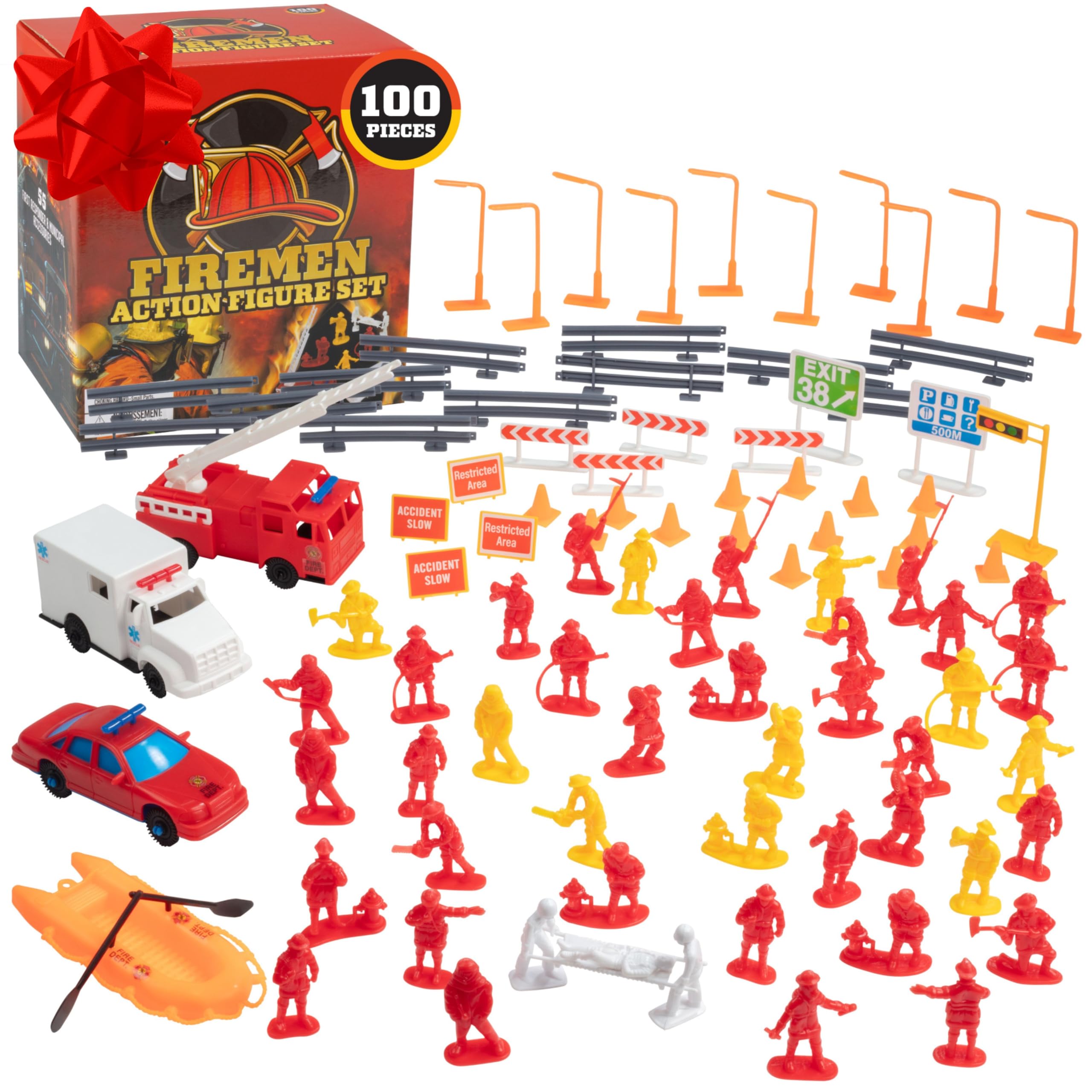 SCS Direct Firefighter Action Figure Playset- 100pc Fireman Toy Set with Rescue Vehicles, Figures & Accessories in Storage Box- Pretend Play Emergency Toys for Birthdays, Party Favors, Set for Kids