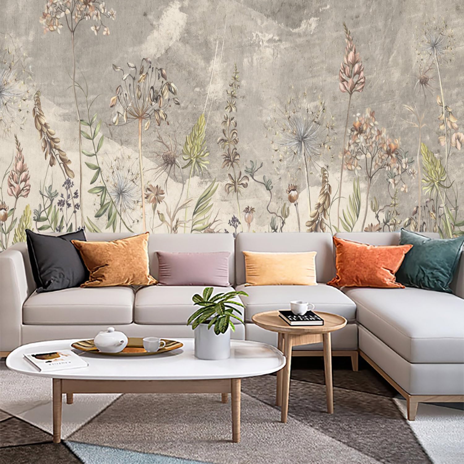 Plain Flower and Grass Landscape Wallpaper, Light and Elegant Wild Flower Art Bedroom Background Mural（Non-self-Adhesive Wall Stickers）