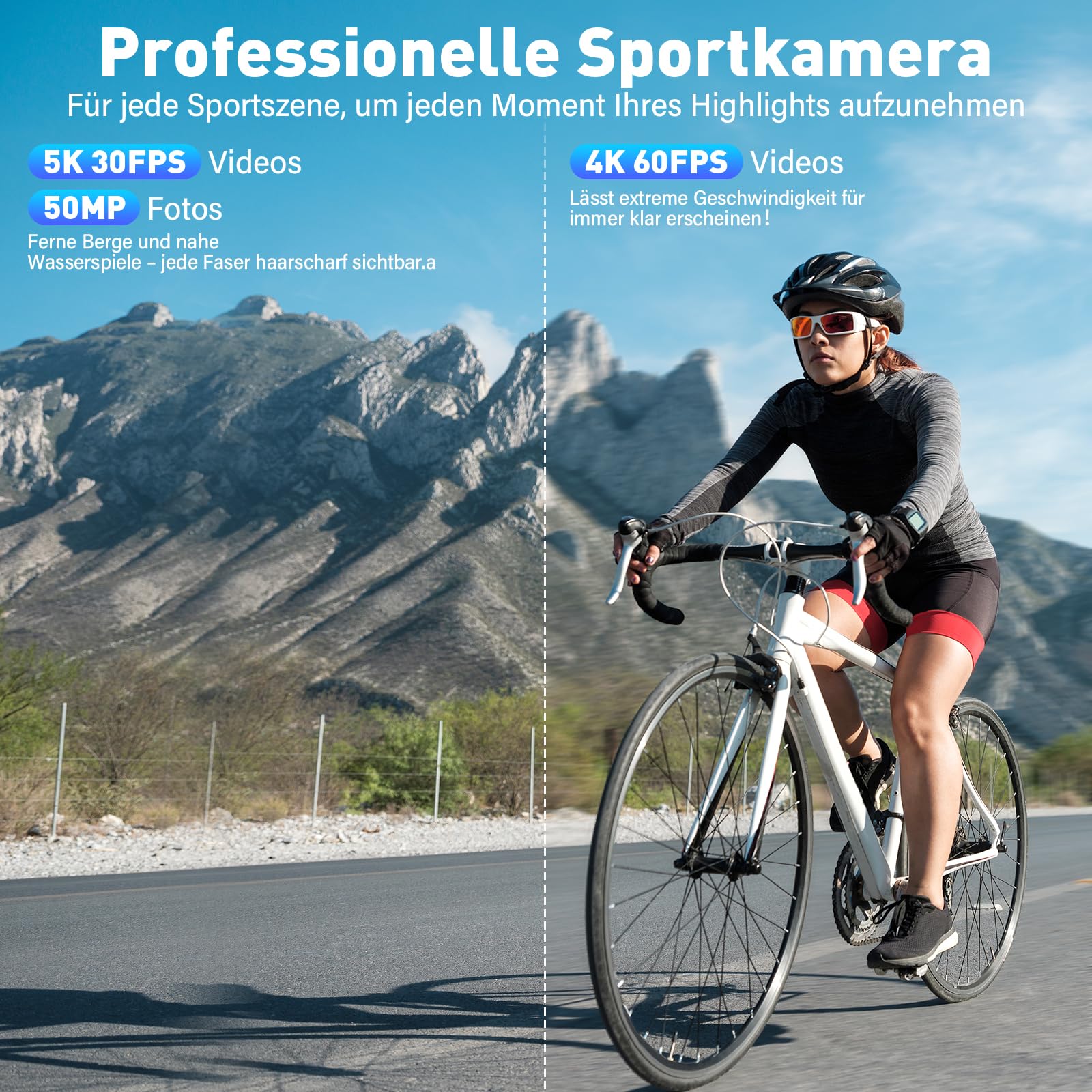 Action Cam 5K/ 4K, 50MP 30M/98FT wasserdichte Unterwasserkamera mit 64GB SD Karte, EIS, WiFi, 170° Ultra-Weitwinke Action Kamera–Ideal für Fahrrad, Schnorcheln, Motorrad, helmkamera