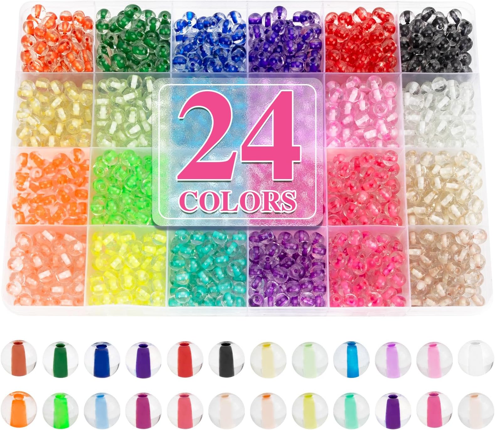 XSEINO 24 Colors 1200PCS Core Filled Glass Beads Kit 6mm DIY Craft Glass Beads, Fit for Bracelets, Jewelry Making, Necklace