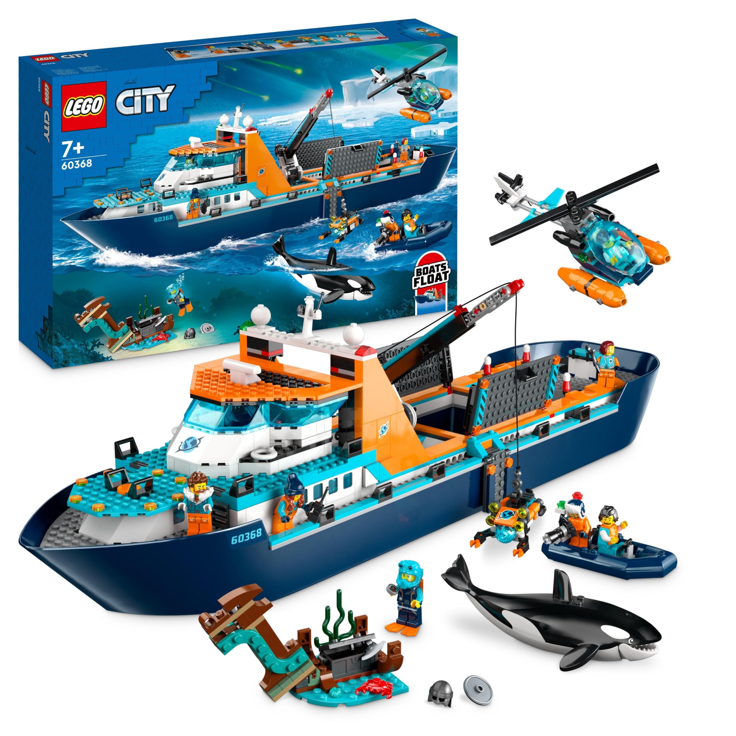 City Arctic Explorer Ship, Large Toy Boat that Floats with a Helicopter, Dinghy, Sub, Viking Shipwreck, 7 Minifigures and an Orca Figure, Gift for 7+ Year Old Kids, Boys, Girls 60368