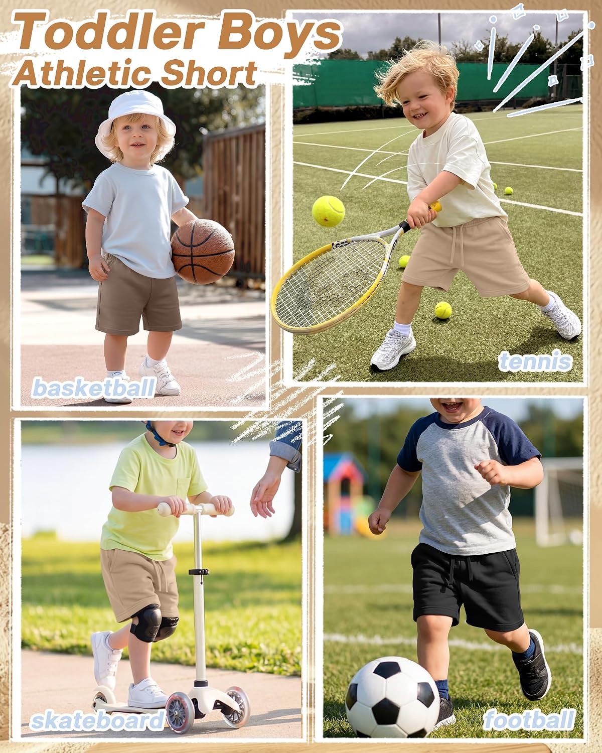 3 Pack Toddler Boys Shorts Drawstring Elastic Waist Summer Casual Sweatshort Kids Soft Athletic Short with Pockets