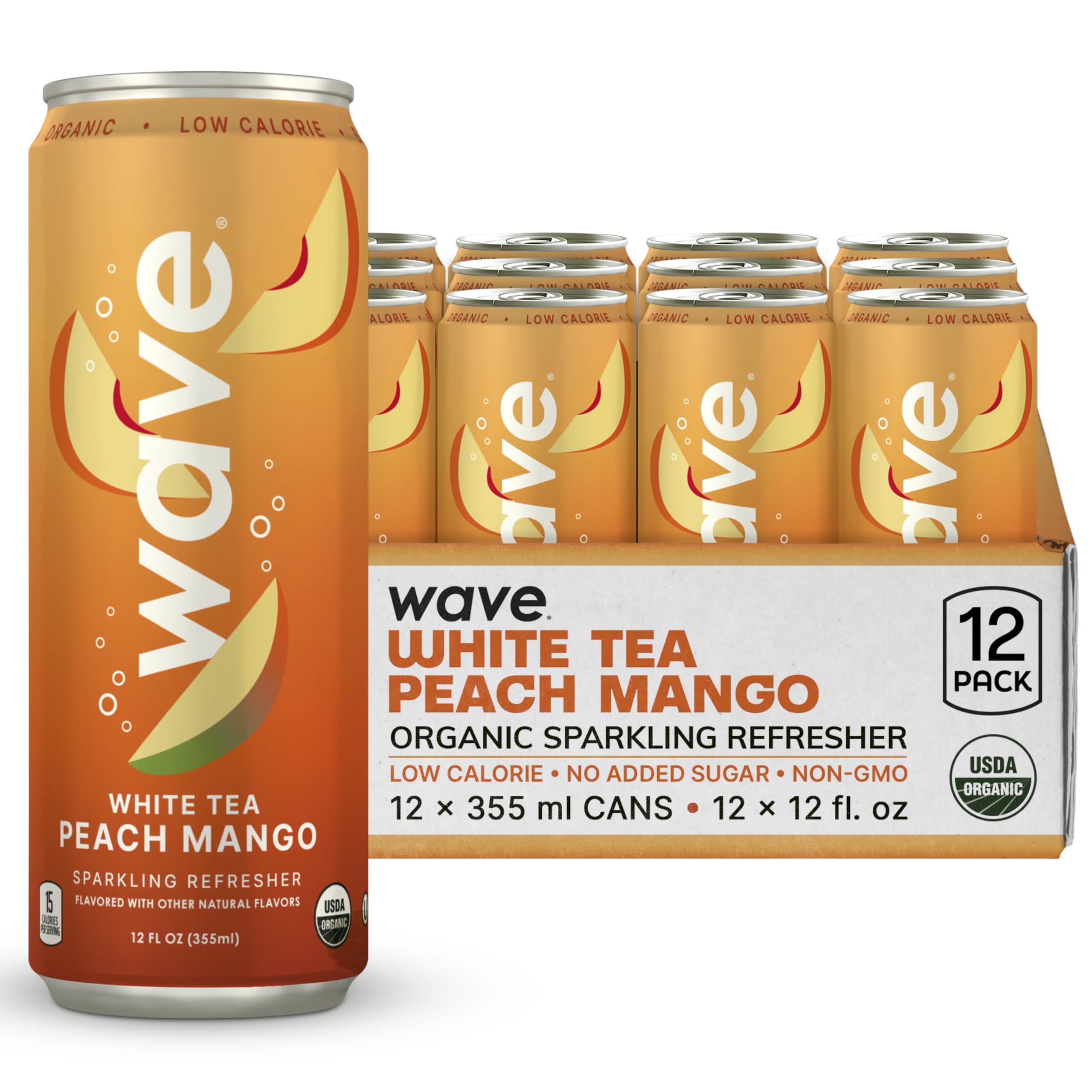 WAVE Sparkling Refreshers | Sparkling Juice | Organic Hydration | Low Calorie Drink | Lightly Carbonated Soda Alternative | No Added Sugar or Artificial Ingredients | White Tea Peach Mango | 12 Pk.
