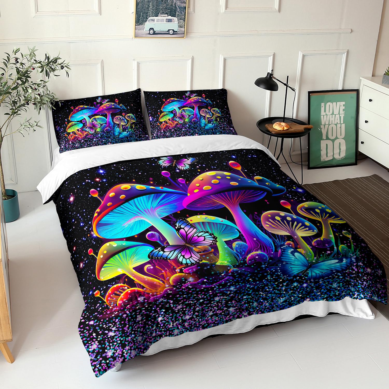 AILONEN Mushroom Duvet Cover Set Queen Size for Boys Girls,Mushroom Bedding Set,Butterfly Mushroom Comforter Cover Set,Colorful Starry Sky Quilt Cover Set and 2 Pillowcases 3 Piecse