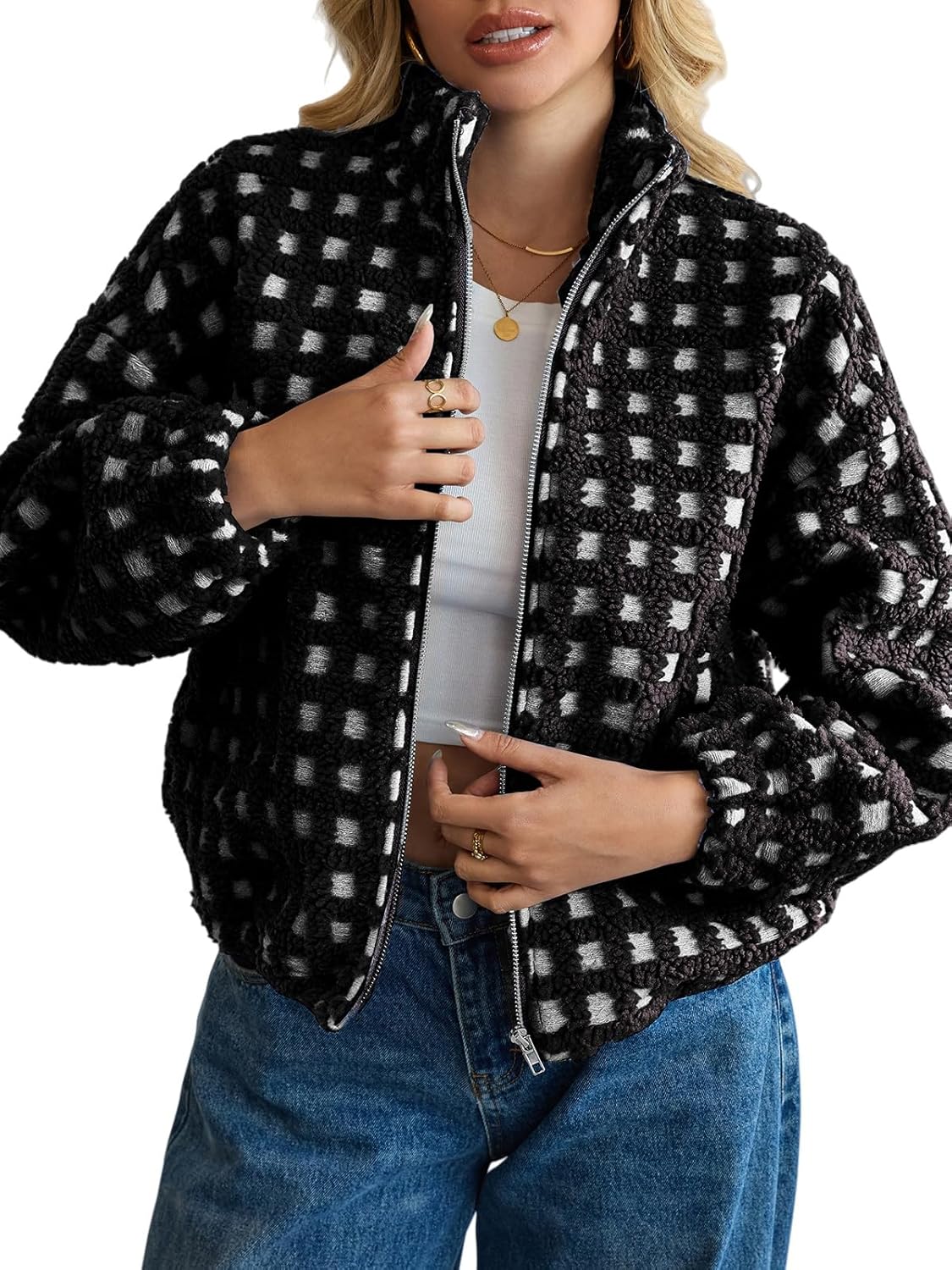 Oymyakon Women Checkered Sherpa Jacket Cropped Long Sleeve Fuzzy Plaid Fleece Coats Casual Zip Up Gingham Outwear - Image 2