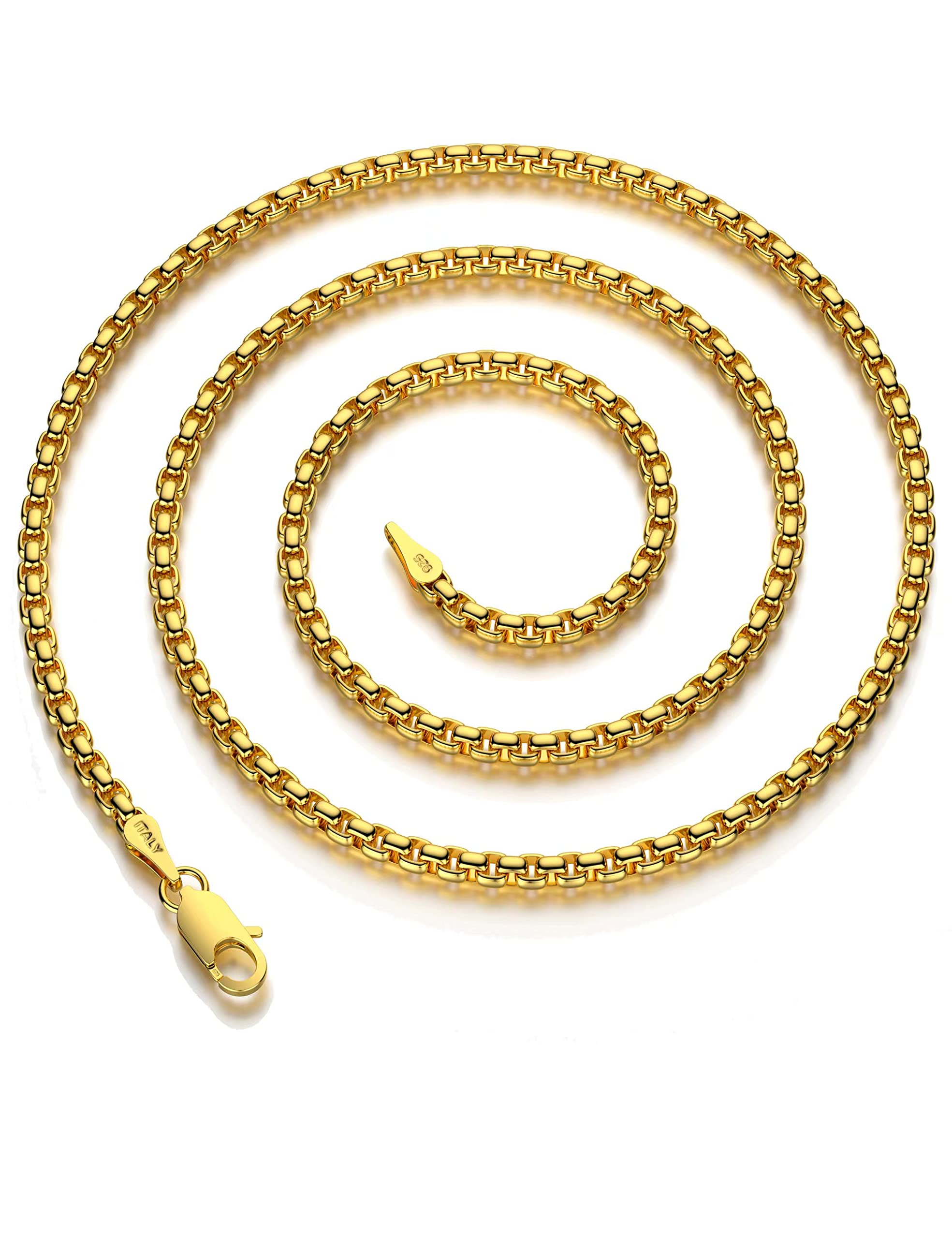 Waitsoul 925 Sterling Silver Box Chain Lobster Clasp 2/3/4/5mm Necklace for Women Mens Box Chain Silver/14K Gold Plated Plated Necklace Chain Diamond