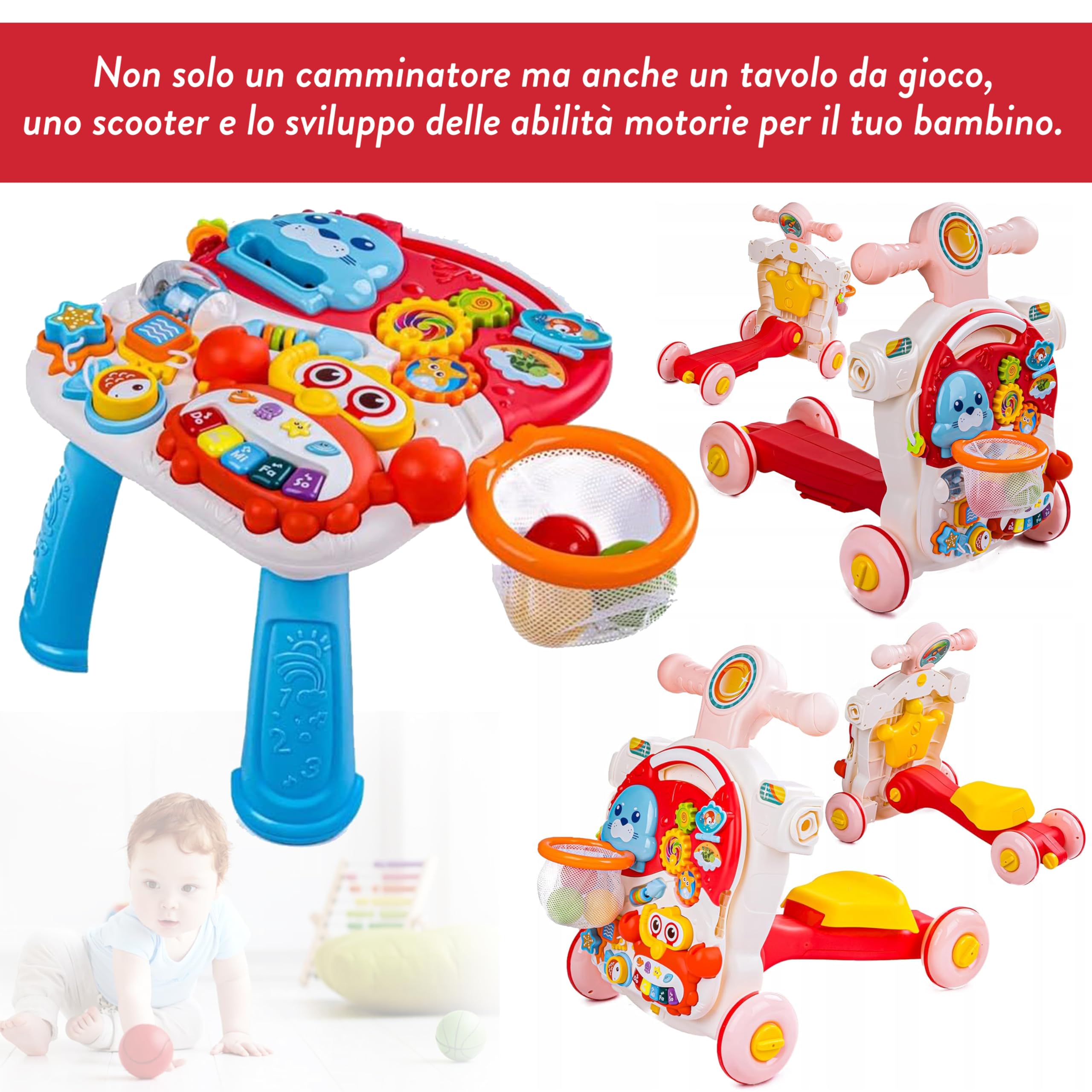COIL Girello 5 in 1 – Aiuto a camminare, giocattolo educativo musicale, altezza regolabile, deambulatore, apprendimento a piedi, a partire da 1 anno, rosa