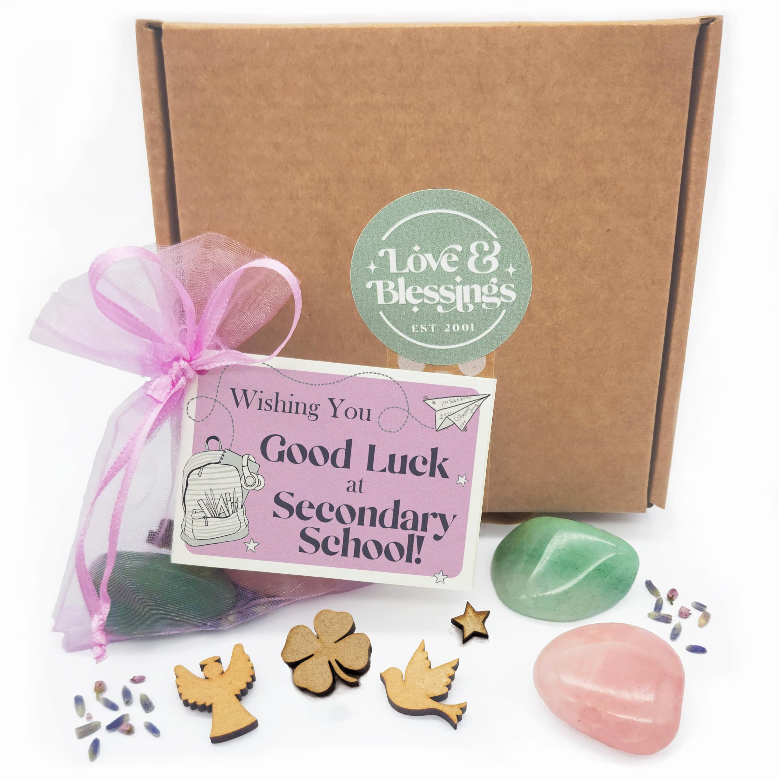 First Day at Secondary School gift bag of Love and Blessings - Good Luck gemstone keepsake with mini card for a girl starting thier first day at high school. โ image 1