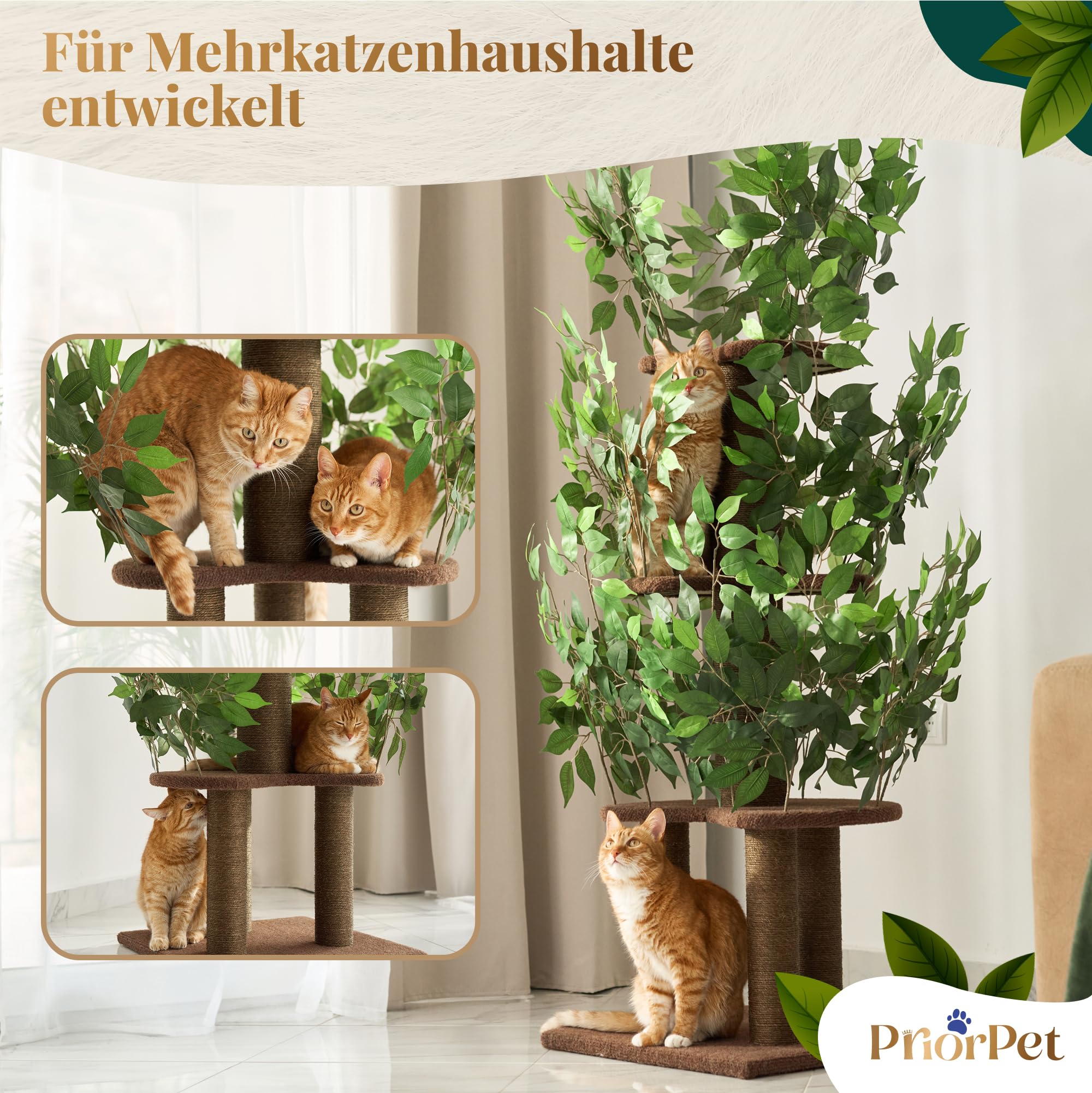 Kratzbaum mit Blättern – Stabiler & Platzsparender Katzenbaum – 4 kratzbare Ebenen & 3 Kratzsäulen – Klettern, Verstecken, Schlafen – Einfache Montage – Haustiersicherer & Langlebiger Cat Tree Natur