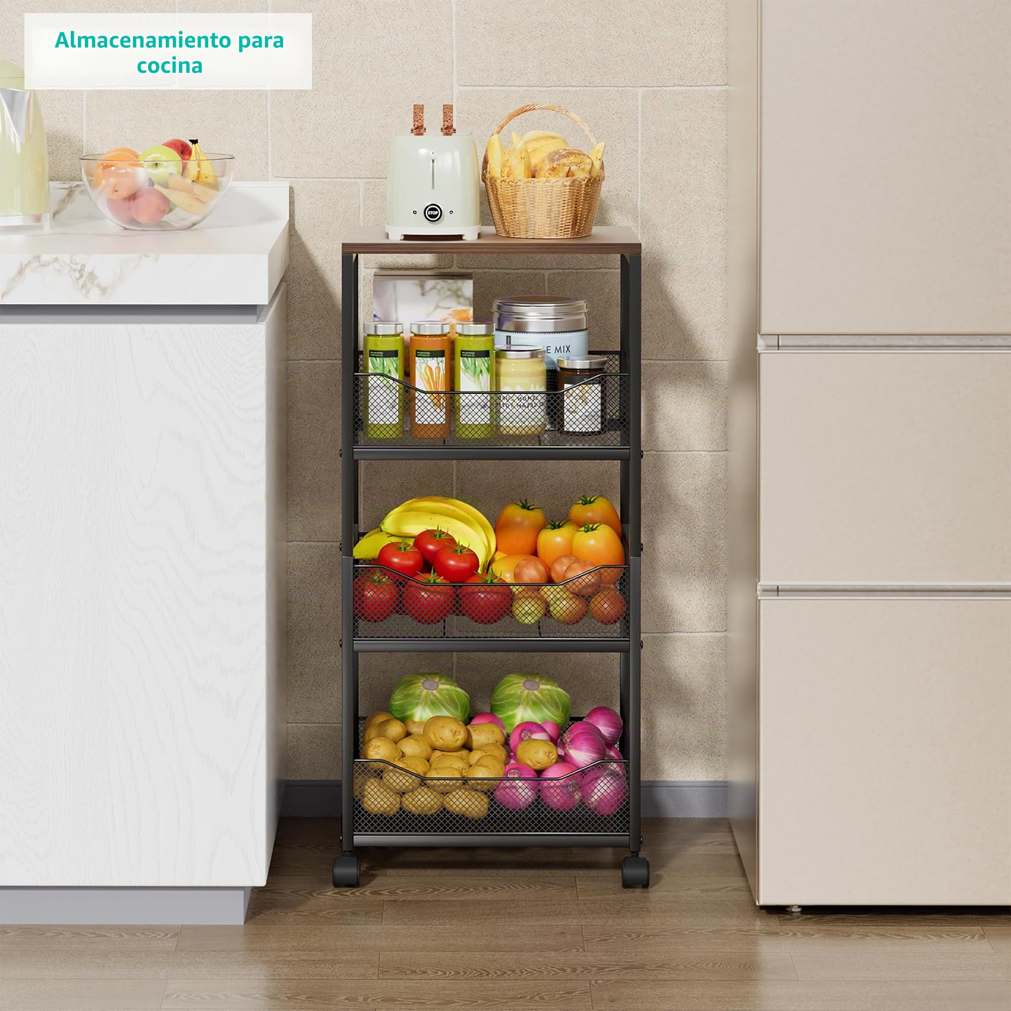 HapiRm Cesta de Frutas para Cocina, Carrito de Almacenamiento rodante de 4 Niveles con Ruedas, Cesta de Frutas y Verduras con