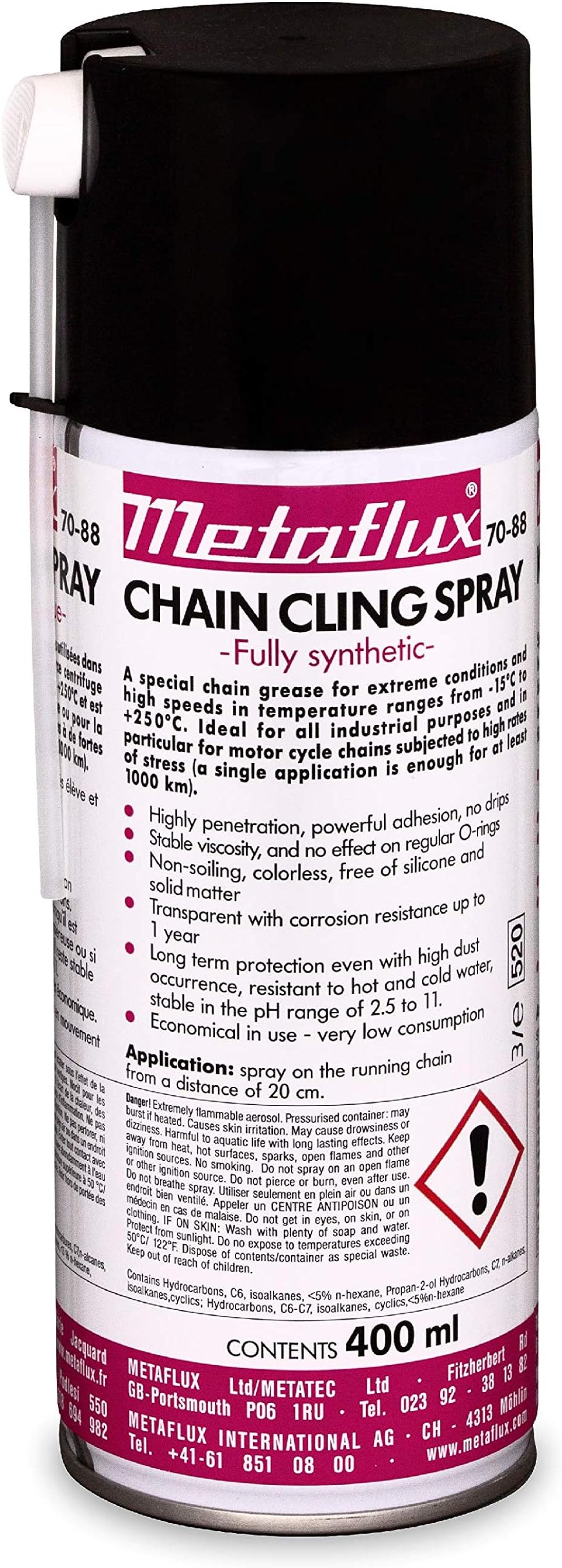 Fully Synthetic Chain Cling Spray Lubricant Metaflux 70-88 for high Speed Rotating Chains No Dripping with Excellent Penetration and Adhesion