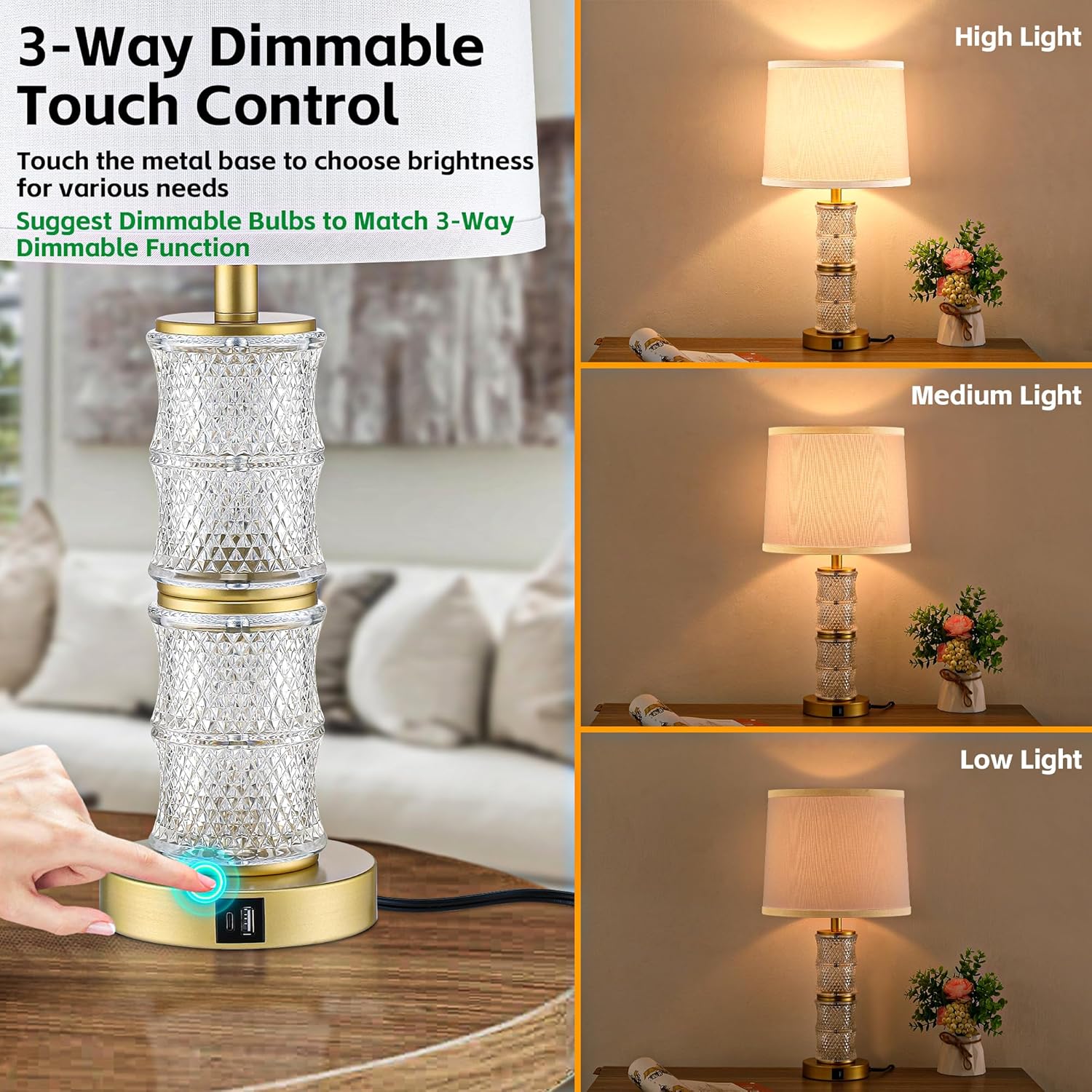 GRUENLICH Crystal Table Lamp Set of 2, 3-Way Dimmable Nightstand Lamp with Touch Control, USB C+A Charging Ports for Living Room Bedroom End Tables Office and Entryway （Gold）