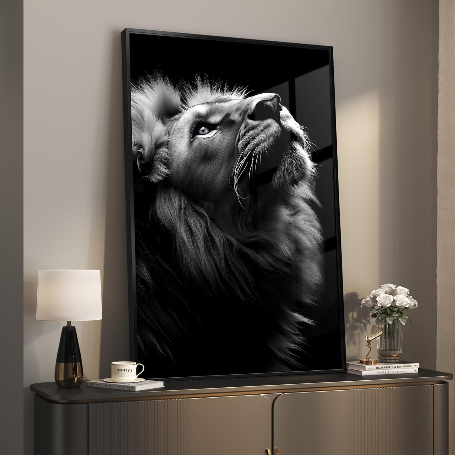 Framed Black and Gray Modern Wall Art, Contemporary Animal Portrait Prints Paintings Artwork for Walls, Minimalist Masculine Lion Pictures for Living Room Dining Bedroom Hallway Wall Decor 24x36 In