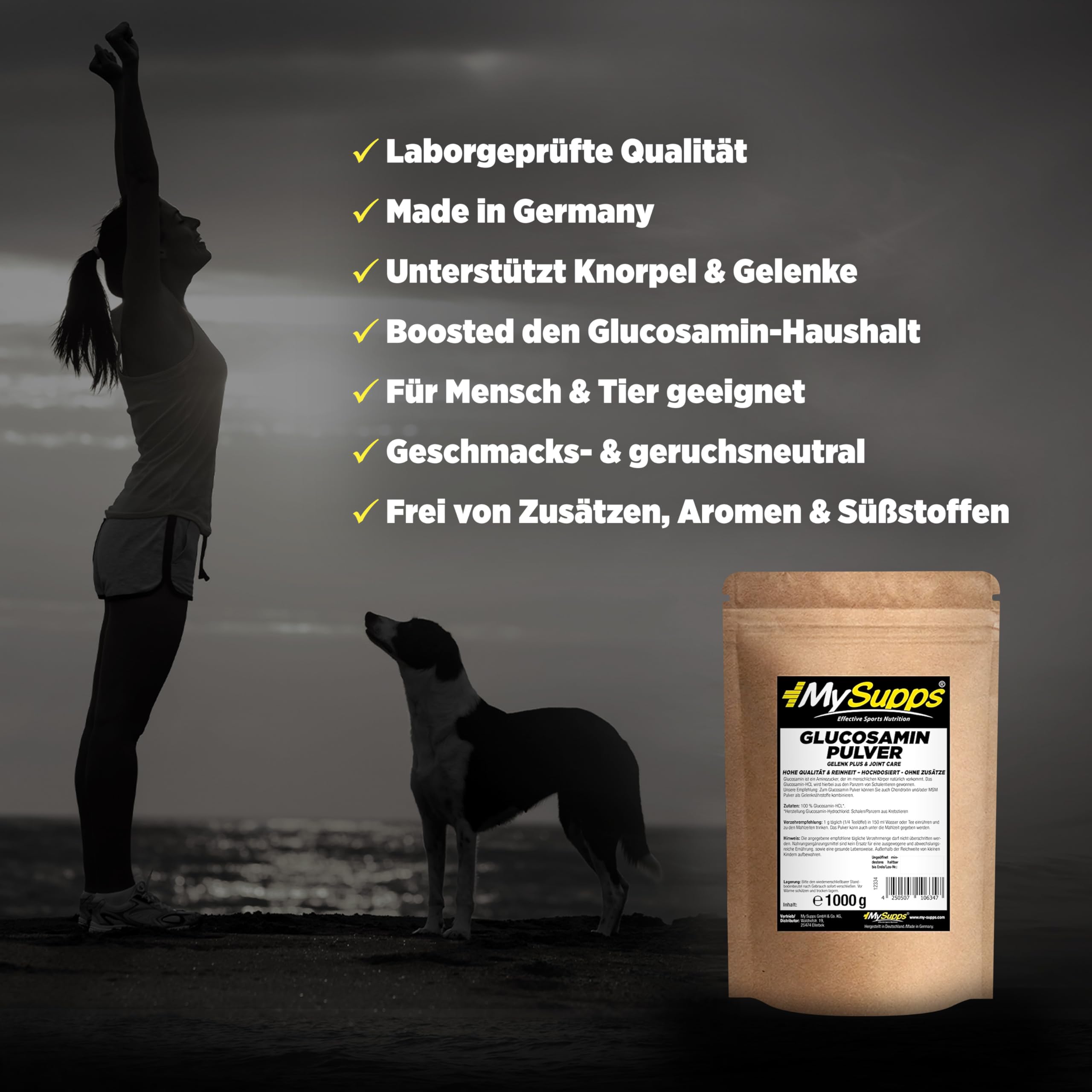 My Supps Glucosamin Pulver 1000g – 100 % reines Glucosamin-HCL – hochdosiert & ohne Zusätze – Hydrochlorid für tägliche Ergänzung – HCL-Pulver in Premiumqualität – Made in Germany