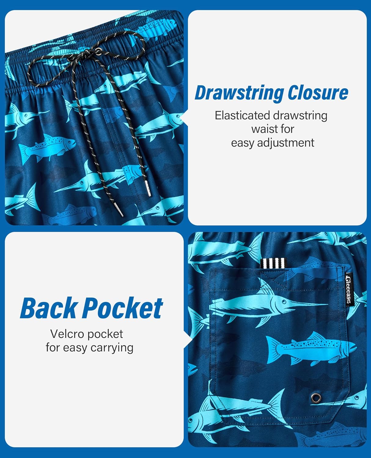 Mens Swim Trunks with Compression Liner 7 Inch Mens Bathing Suit Quick Dry Pockets Stretch Drawstring Shark Printed 2in1
