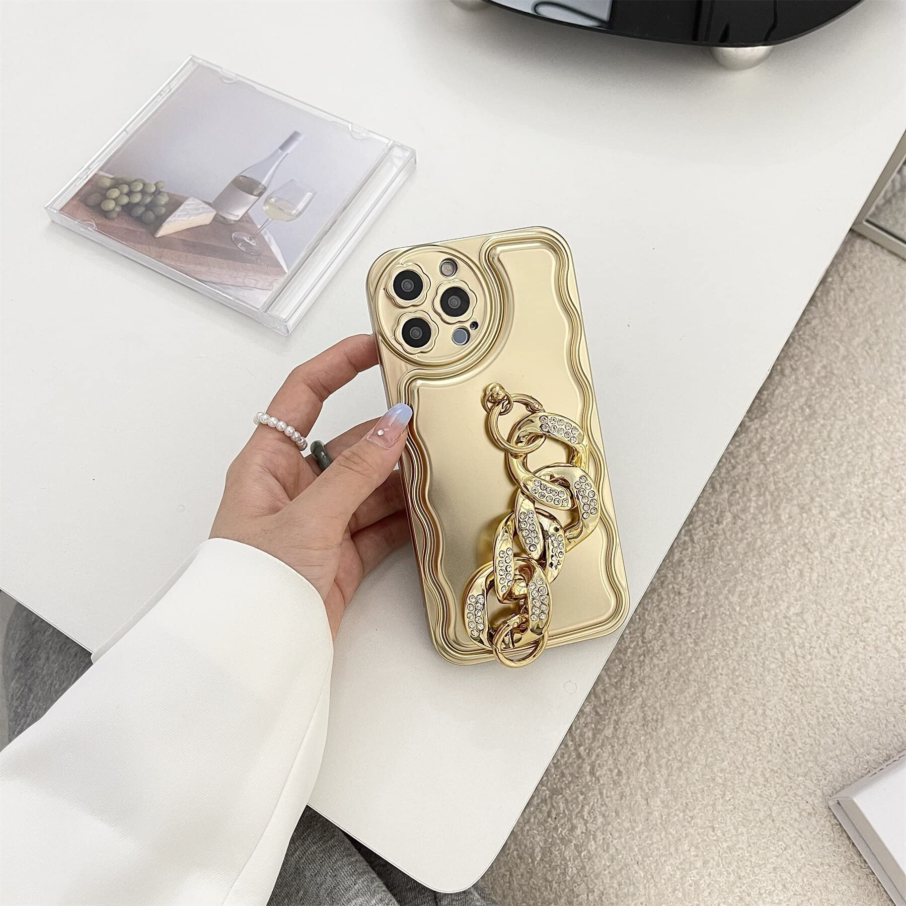 LuxuryKase Sparkling Glitter Bracelet Chain Plating Rhombus Case for iPhone 13 Pro/Gold