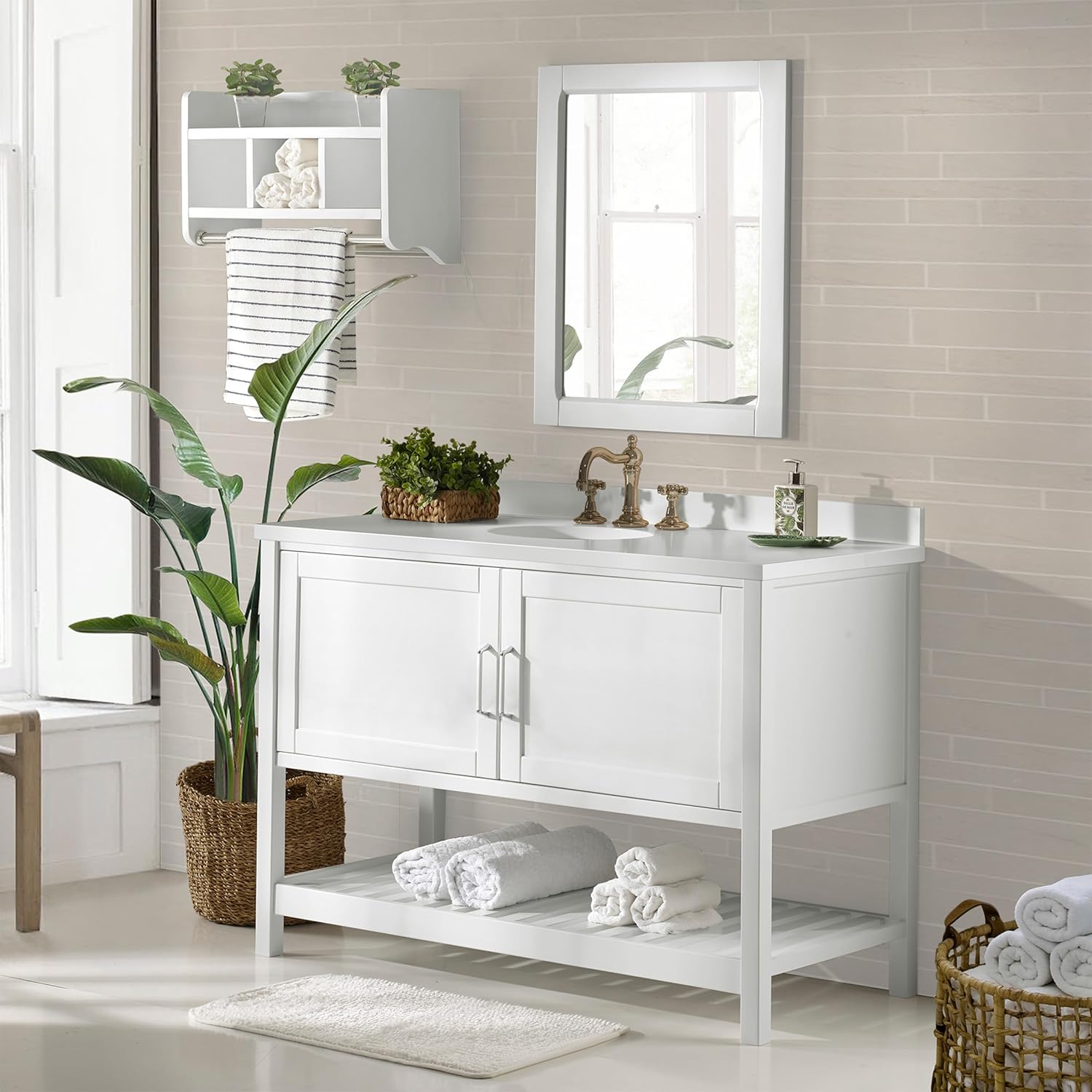 Alaterre Furniture Bennet Bathroom Vanity 3-Piece Set - 48 Inch Vanity, Mirror, and Wall Shelf - Solid Wood Bathroom Sink Cabinet Set (White)
