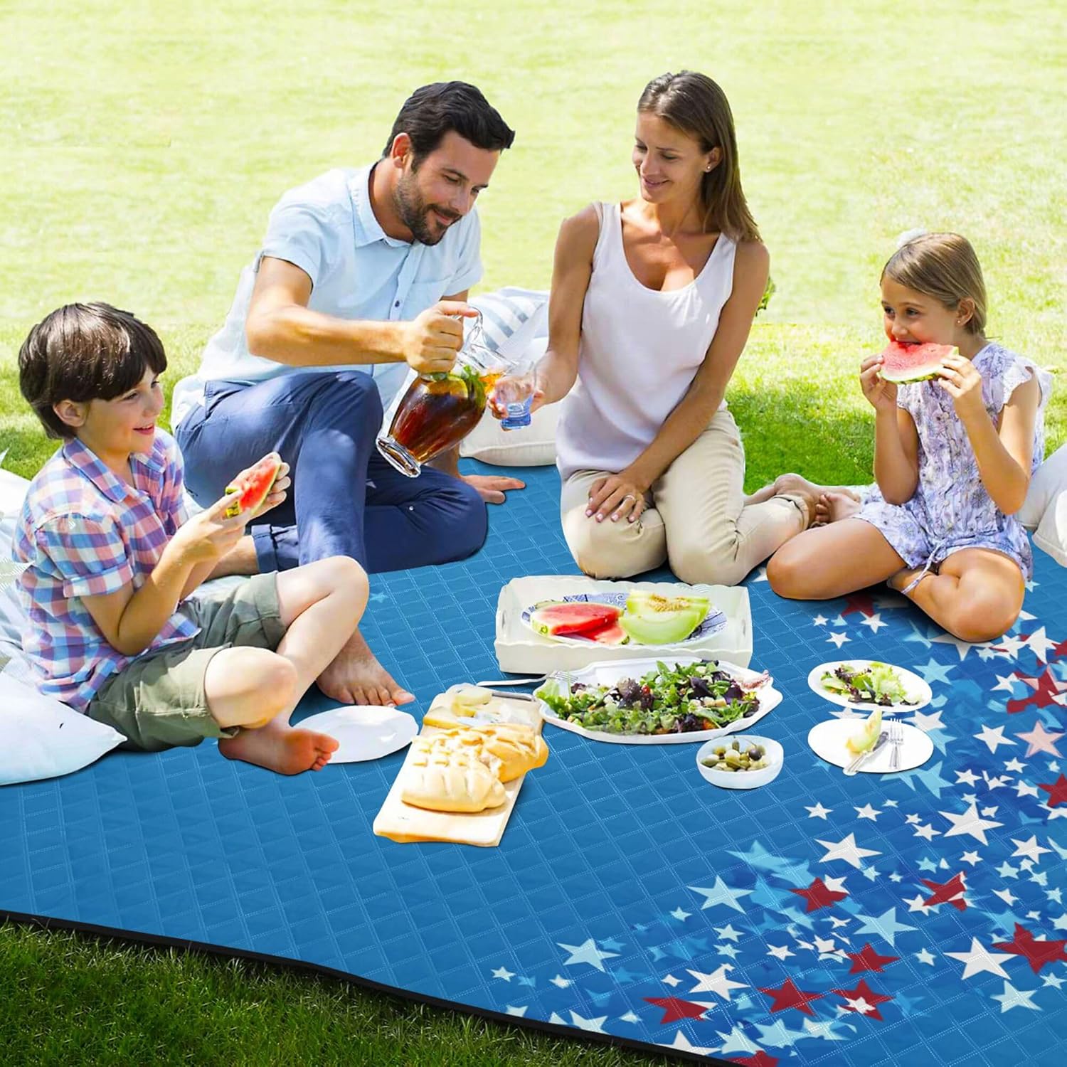Blue American Flag Stars Patriotic 4th of July Waterproof Picnic Table Large Camping Party Large Outdoor Blanket for 4 to 6 Adults Summer Gift tapete para Playa