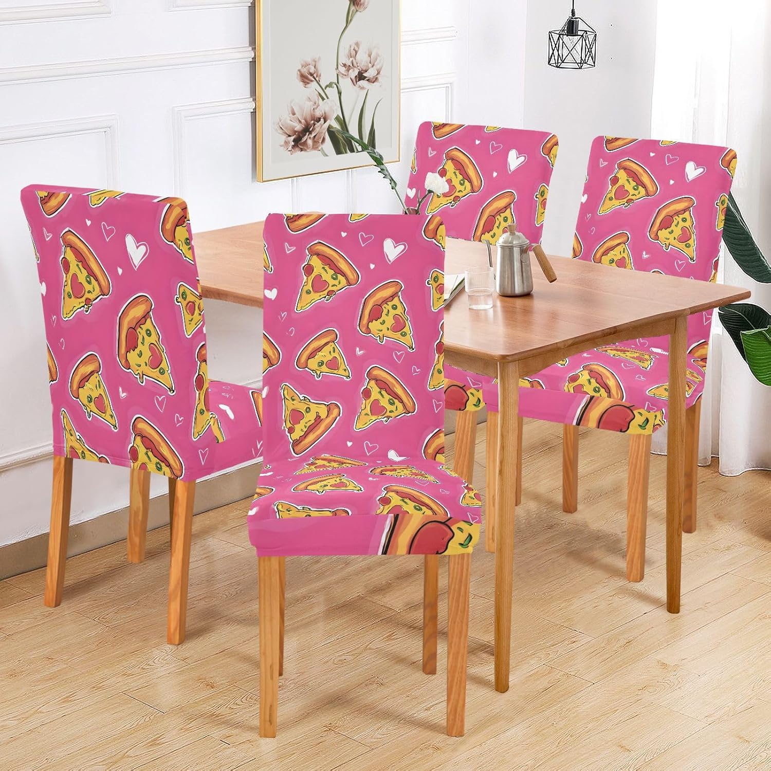 ALAZA Chair Covers for Dining Room, Pink Love Pizza Pattern Stretch Chair Cover Sets Chair Protector Removable Washable for Ktichen Restaurant Hotel