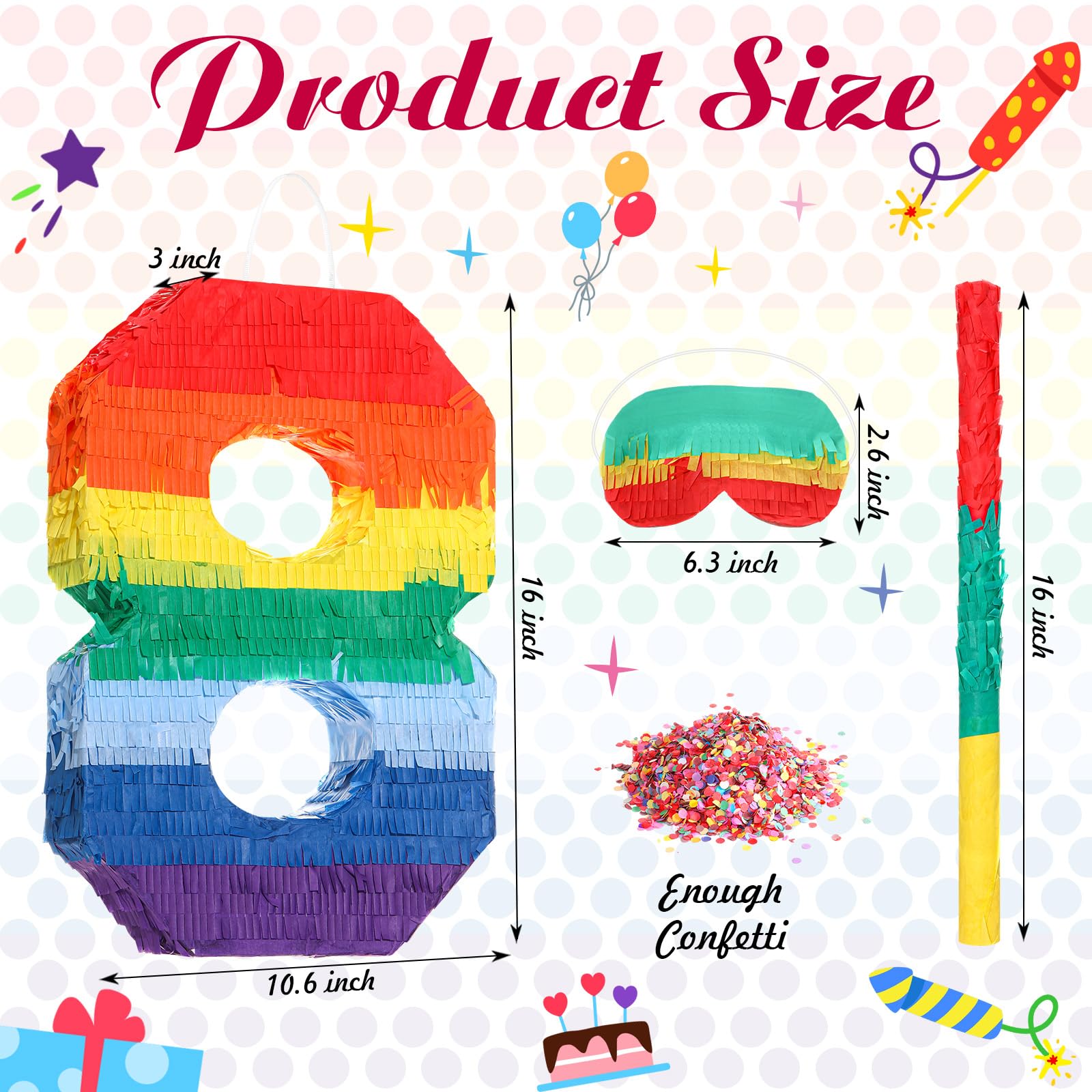 Sratte Rainbow Number Piñata Multicolor Piñata Small Kids Birthday Party with Blindfold Stick and Confetti for Birthday Anniversary Cinco De Mayo Fiesta Party Decor(Number 8)