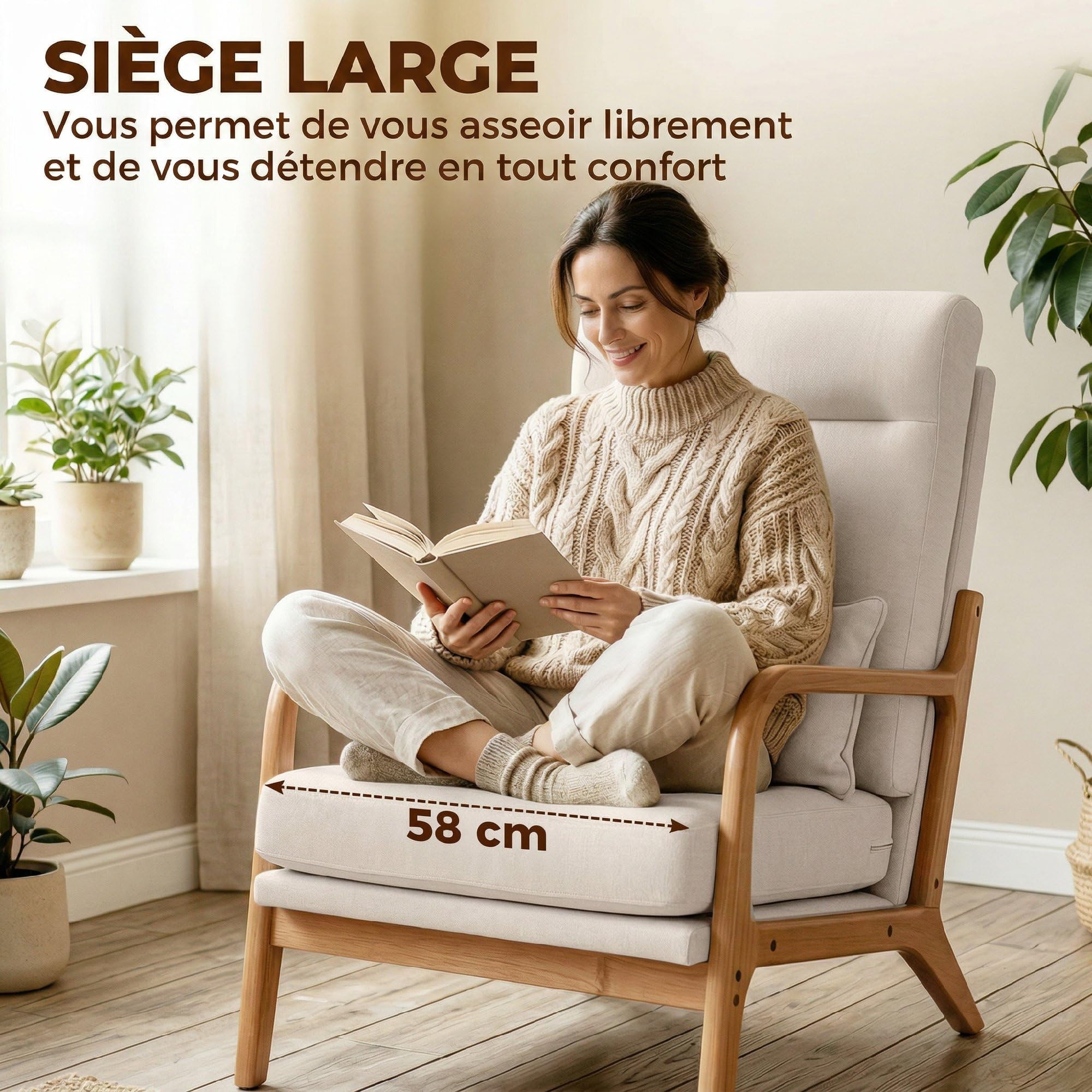 HOMCOM Fauteuil Salon, Fauteuil d'appoint rembourré en Lin avec Large Assise, Soutien Lombaire, Haut Dossier, Coussin épais et Structure en Bois Massif, Chaise de Salon, Chambre, Coins Lecture, crème