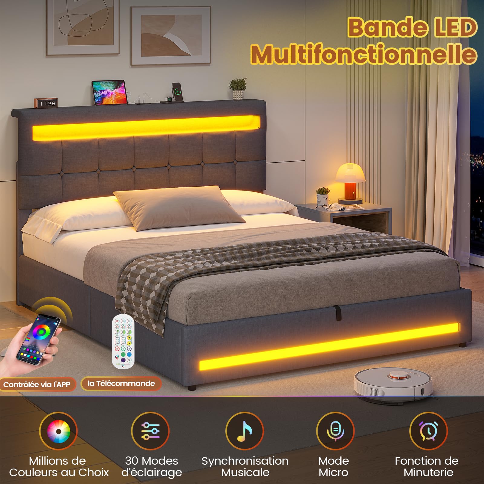 AOGLLATI Lit Coffre 140×190 cm avec LED et Ports USB, Lit Double Rembourré avec Rangement hydraulique, tête de lit réglable en Hauteur, Sommier à Lattes, Facile à Assembler, Gris Foncé（sans Matela）