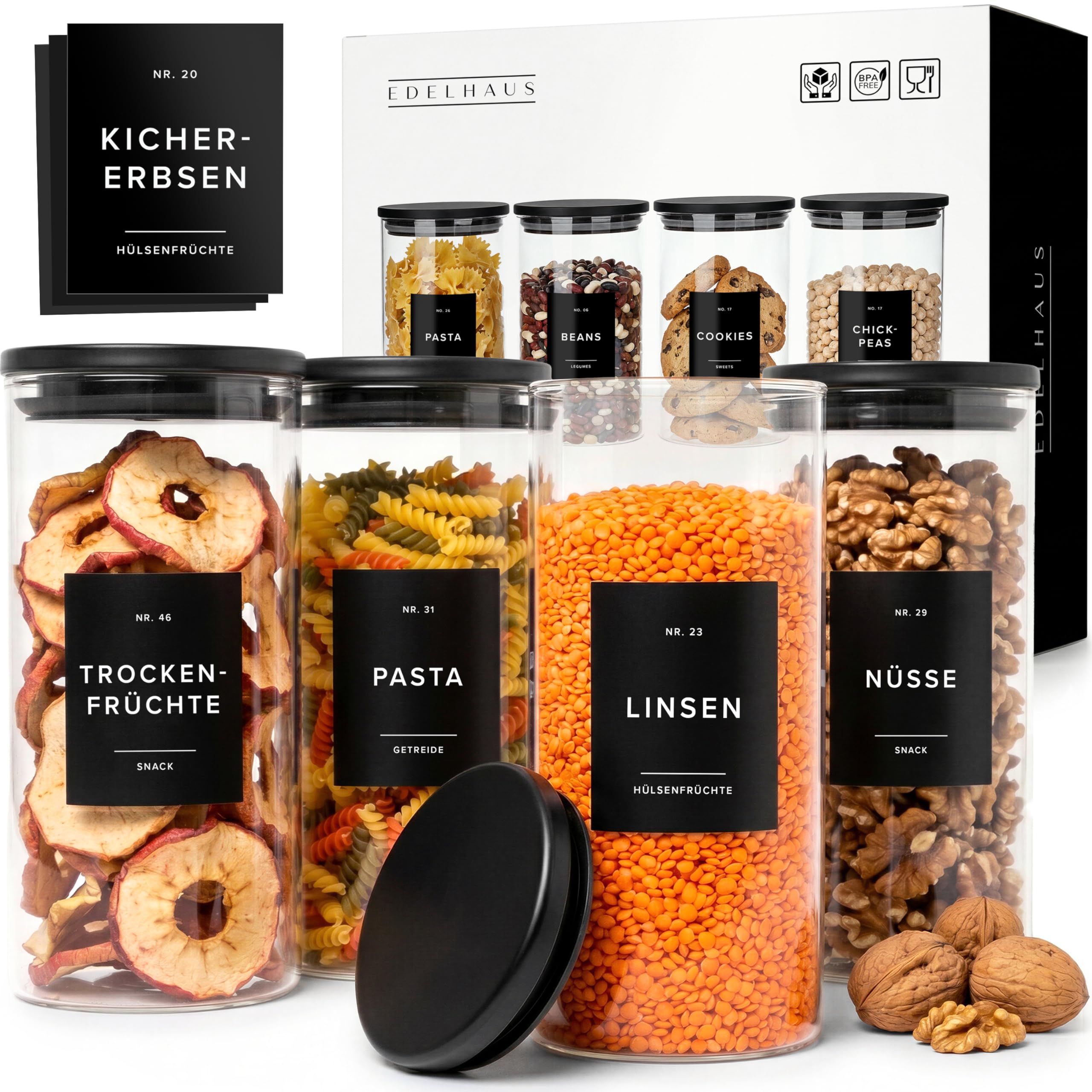 EDELHAUS Vorratsgläser mit Deckel Schwarz, Lufdichte Vorratsdosen Glas mit Deckel & 54 Etiketten – Voratsbehälter Set Küchen Organizer für Mehl Zucker Nudeln Kaffee Tee und mehr